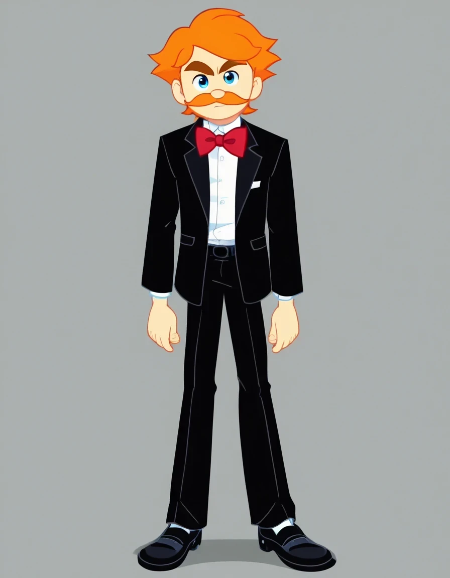 Mr_GoodmanSML, solo, short hair, blue eyes, shirt, 1boy, bow, jacket, white shirt, standing, full body, male focus, collared shirt, bowtie, orange hair, red bow, black suit, thick eyebrows, suit, red bowtie, mustache, black pants, black shoes