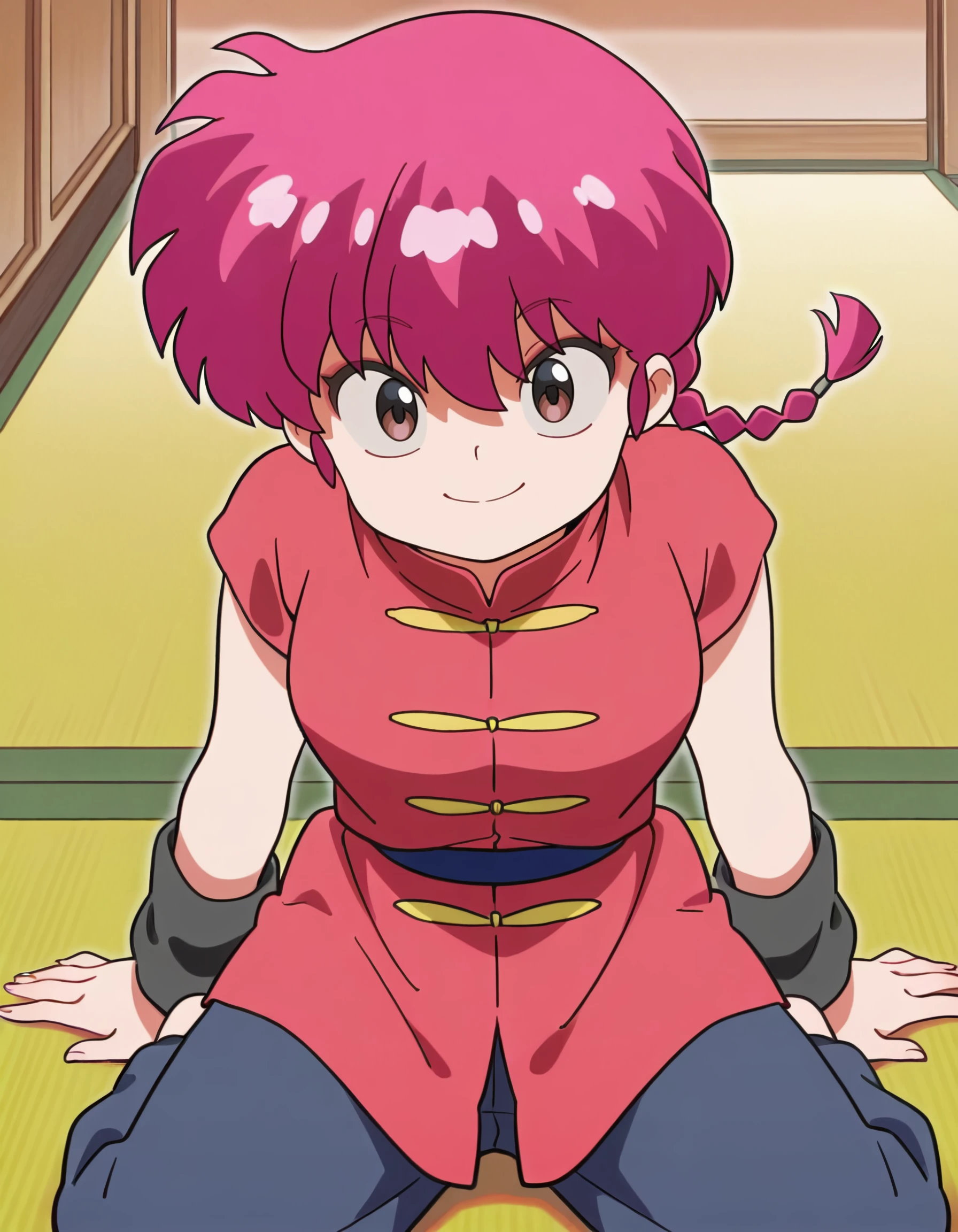 masterpiece, best quality, amazing quality, <lora:ranma_½_il:1> ranma, long_hair,red_hair, braided_ponytail , tangzhuang, by_shikido_(khf), smile, 1girl, closed_mouth, full_body, one-hour_drawing_challenge, solo, looking_at_viewer