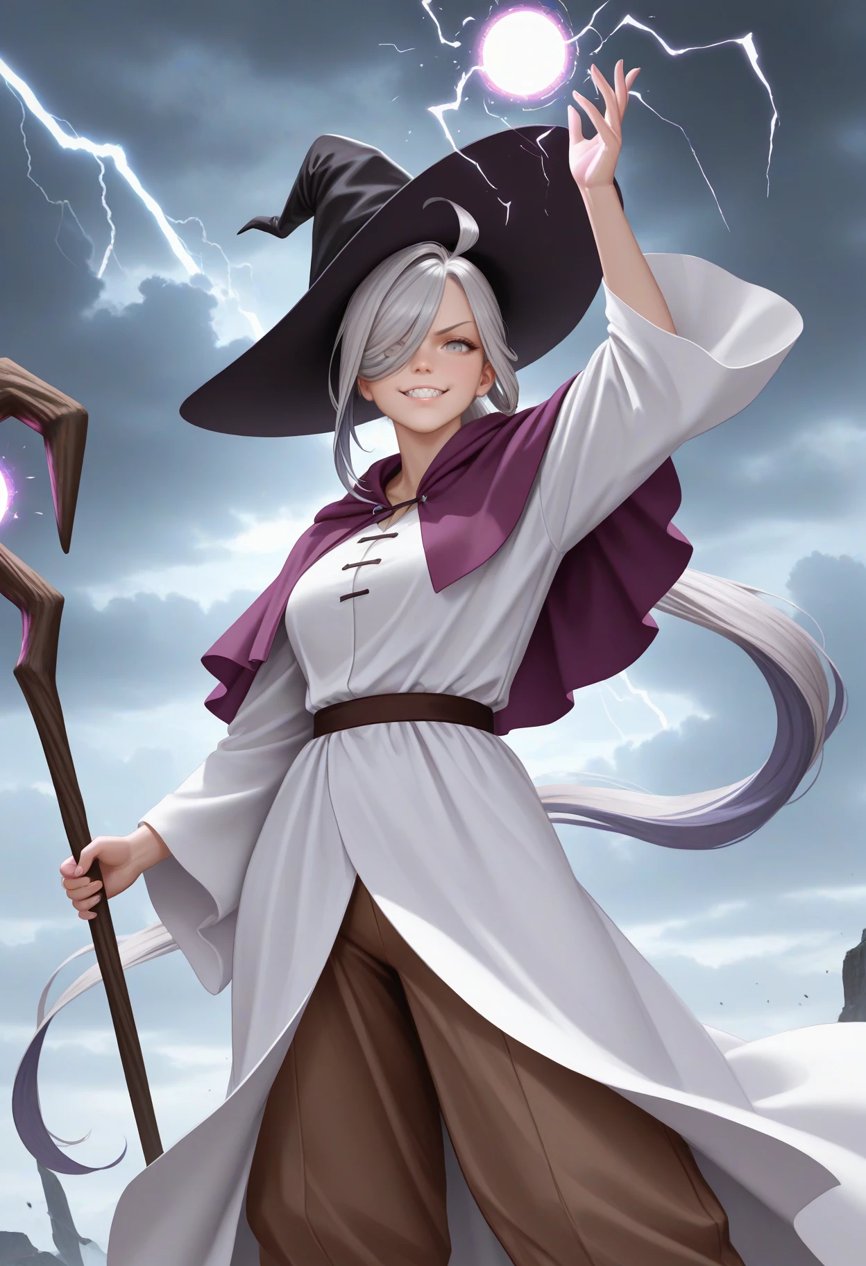 masterpiece, best quality, realistic, <break> solo, 1girl, ashmkaini, sharp teeth, grin, looking at viewer, standing, arm up, holding staff, long hair, multicolored hair, grey hair, ahoge, hair over one eye, ponytail, black headwear, witch hat, grey eyes, v-shaped eyebrows, purple capelet, white robe, wide sleeves, brown pants, baggy pants, outdoors, cloudy sky, lightning, energy ball, electricity
<segment:yolo-Anzhc Face seg 640 v2 y8n.pt,0.4,0.5//cid=1>