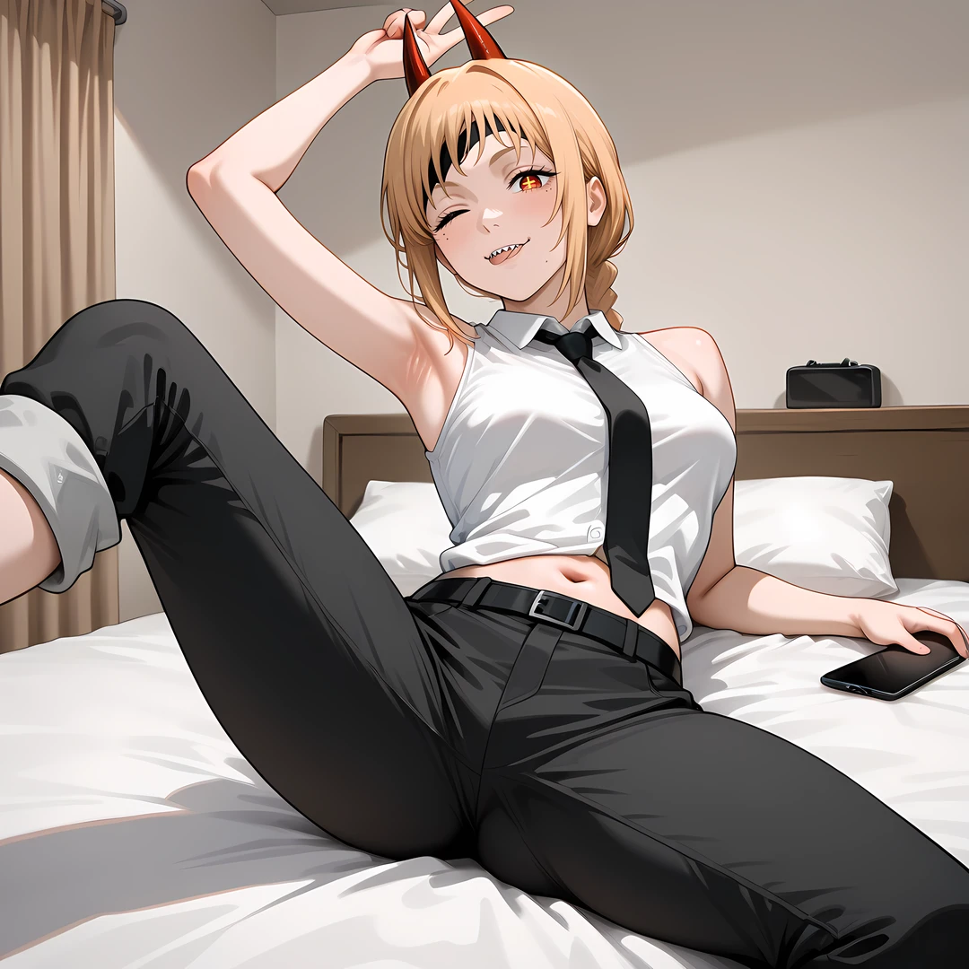 arm up, bare shoulders, bed, black belt, black necktie, black pants, blonde hair, box, braided ponytail, closed mouth, collared shirt, cross-shaped pupils, curtains, demon horns, denji \(chainsaw man\), eating, himeno \(chainsaw man\), holding, looking at viewer, lying, medium breasts, mole under eye, navel, necktie, office lady, one eye closed, pants rolled up, parted lips, penis, phone, red eyes, sharp teeth, shirt, shirt tucked in, short hair, sidelocks, small breasts, stretching, symbol-shaped pupils, teeth, tongue, v, white shirt,<lora:ChainsawstyleByOOA-10:1>, masterpiece, best quality, amazing quality, very aesthetic, absurdres, newest, scenery, perfect face,intricate,beautiful scenery,ultra realistic 8k CG,perfect artwork,absurdres, anime 2D, vibrant colors, sharp lines, smooth,edges,