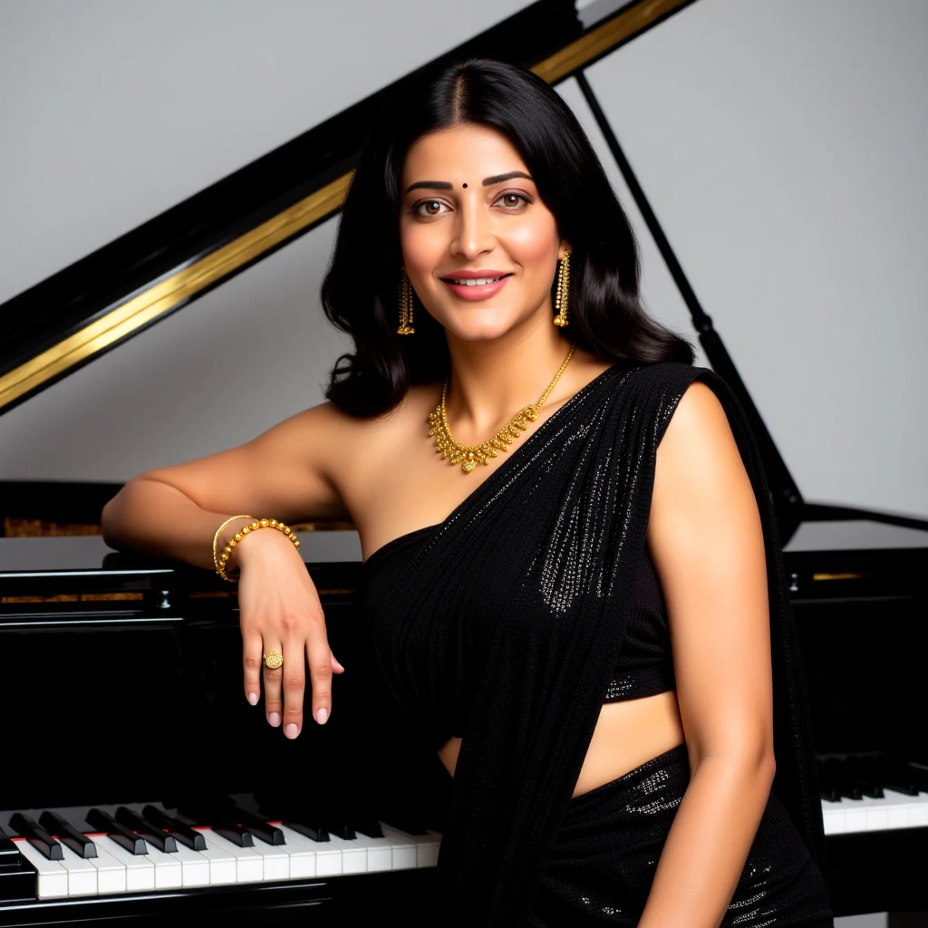 sruthihassanukohwx with dark hair styled in loose waves, draped in a glistening, black, saree. The woman's expression is confident and alluring, with a subtle smile showcasing a natural beauty.   Gold hoop earrings and a gold necklace consisting of a chain and multiple pendants complement the outfit.   A simple gold ring adorns her finger. Her pose is relaxed yet elegant; leaning slightly towards a grand piano, hands resting on the top of the keyboard.  The background is a soft, light gray.  The piano, a glossy black, dominates the backdrop, providing a sophisticated contrast to the attire.  High-key lighting casts soft highlights on the dress. Studio setting. Dramatic lighting enhances her appearance and accentuates the texture and glimmering of the dress. The overall aesthetic is fashion-forward with a touch of modern elegance and a sophisticated feel. Art Deco style with a contemporary flair. Glamourous, sophisticated mood.
