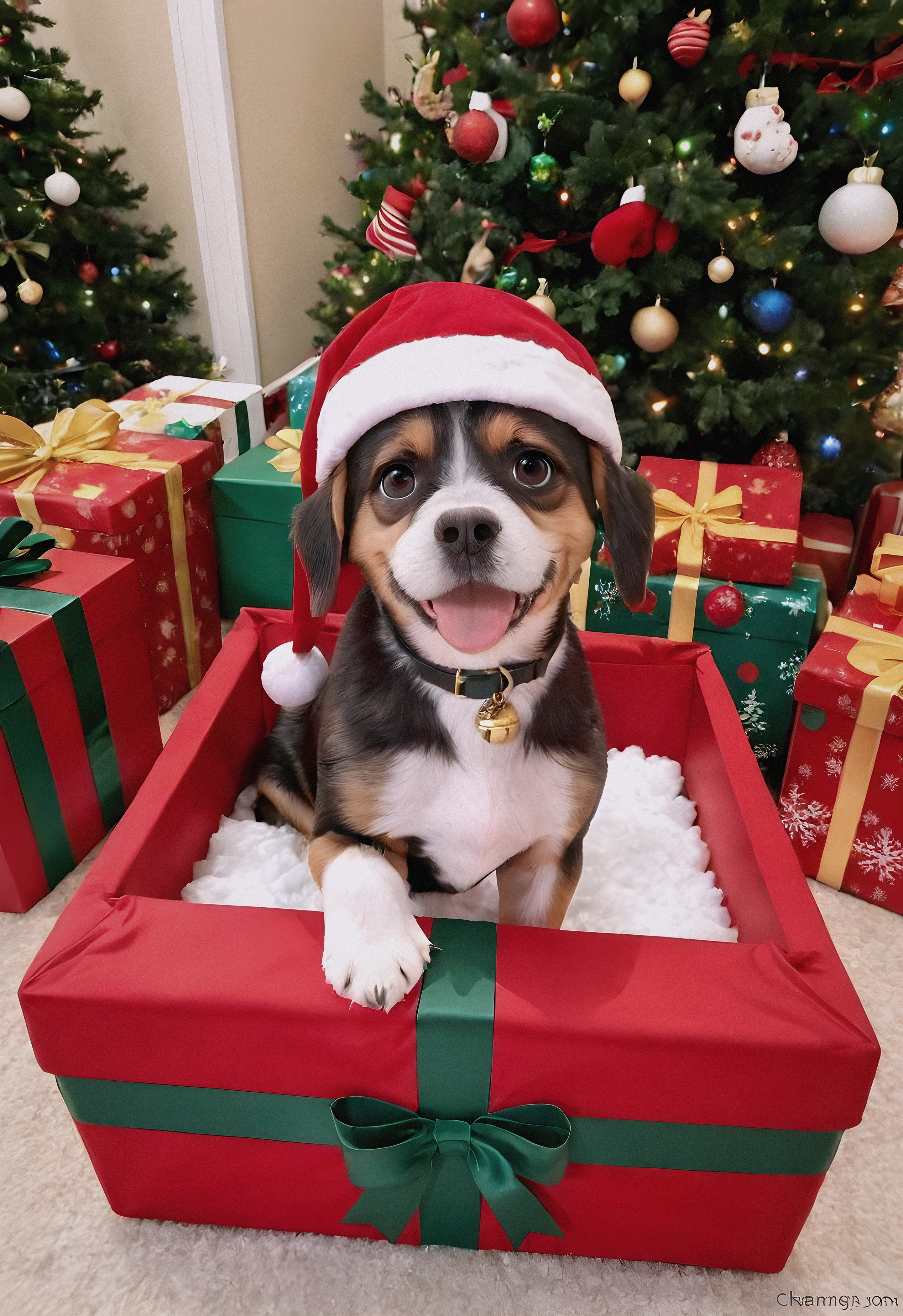 cute,(puppy:1.1),inside gift box,open box,under christmas tree,masterpiece,view from above,looking up at viewer,cute,lovable,charming,