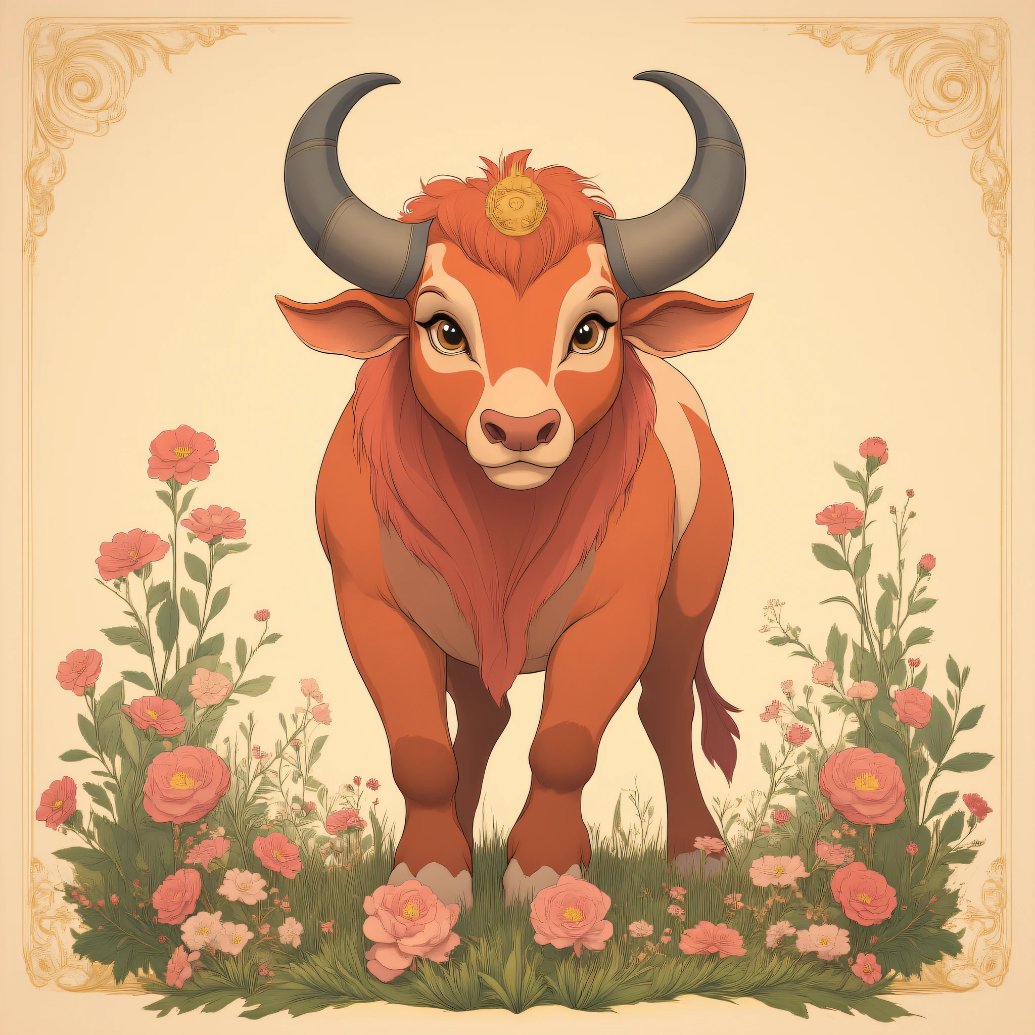 ArsMJStyle, Disney Nouveau, The image shows a painting of a bull with horns and flowers on its head surrounded by a frame of plants and flowers., no humans, flower, horns, solo, pokemon (creature), grass, full body, standing, border, brown eyes