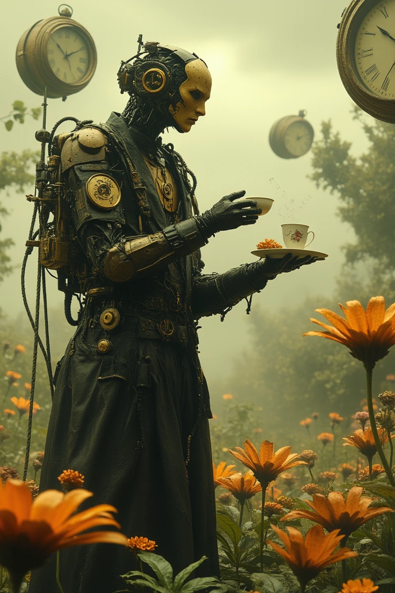 fg,fg,A whimsical automaton butler with brass gears visible beneath his polished exterior,elegantly serving tea in a surreal garden filled with floating clocks and oversized flowers. Soft,ethereal light bathes the scene,while a gentle breeze rustles the mechanical petals,creating a dreamlike atmosphere of enchantment.,
