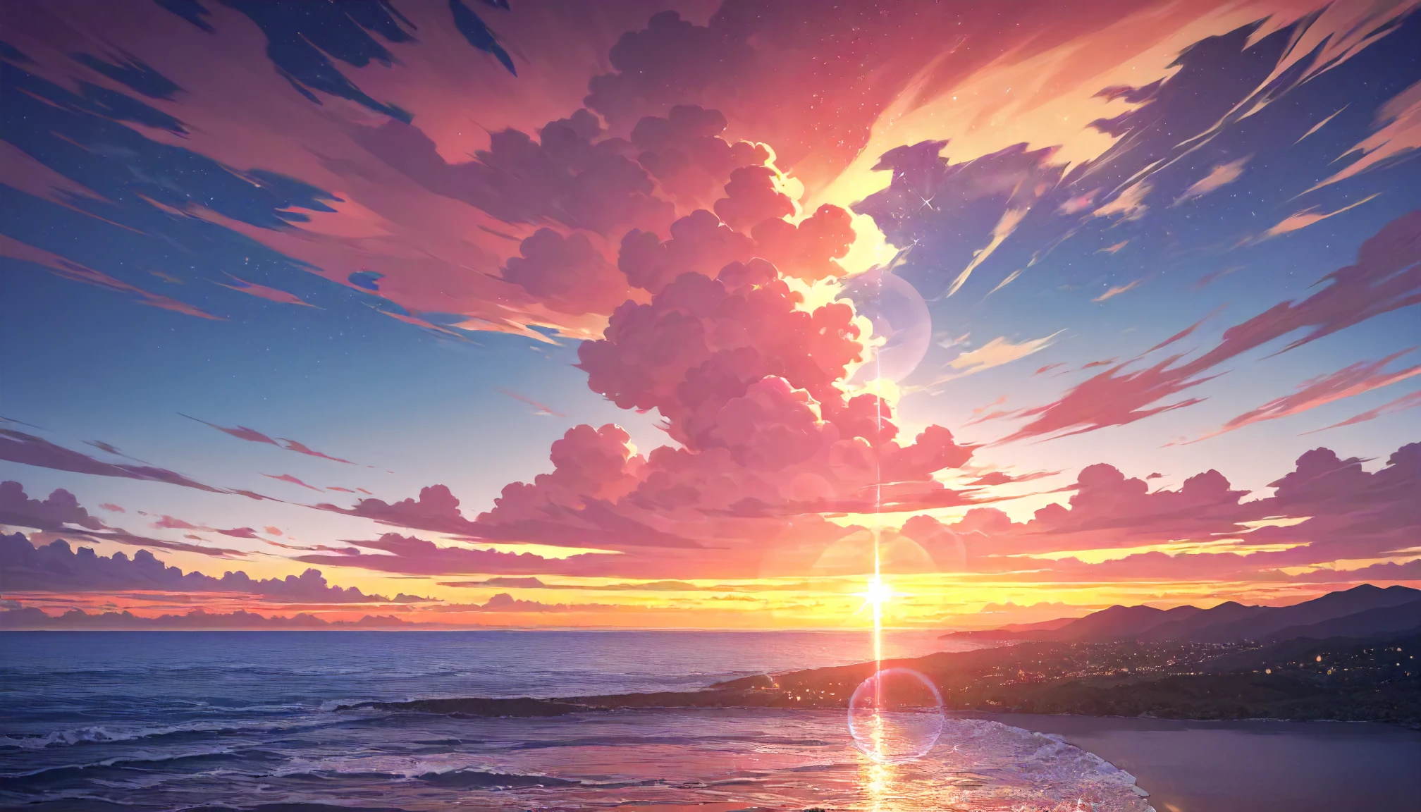 masterpiece,best quality,good quality,newest,
detailed background,ocean,sunset,sky,cloud,glitter,lens_flare,landscape,