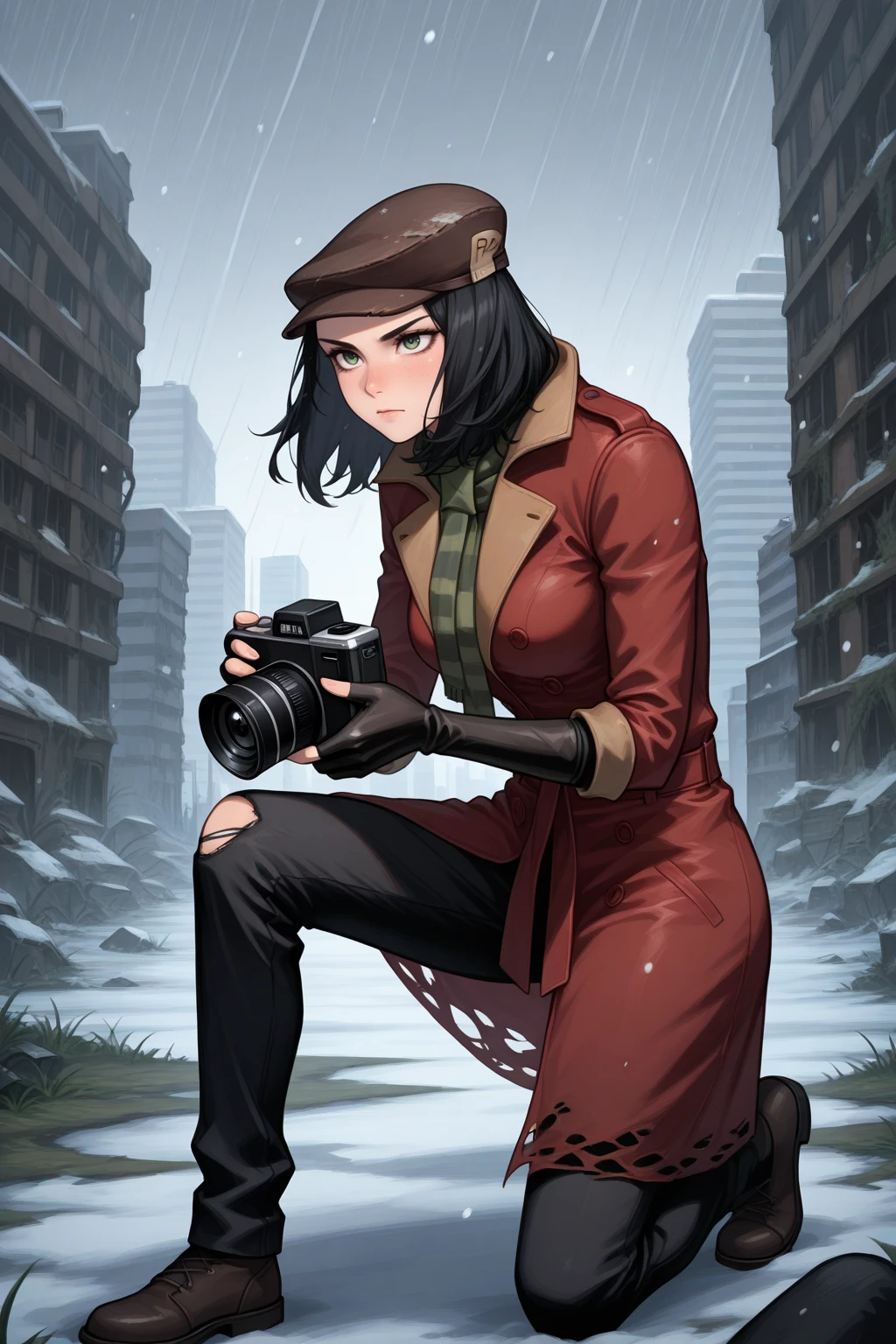 masterpiece, best quality, serious, 1girl, p1p3r, freckles, black hair, green eyes, medium hair, black hair, medium breasts, two-tone coat, brown cabbie hat, red coat, brown coat, torn coat, green scarf, undershirt, black pants, elbow gloves, brown gloves, leather gloves, fingerless gloves, holding camera, taking picture, (dynamic pose), on one knee, outdoors, city, abandoned, overgrown, wind, snowing, storm, <lora:Hoseki_Fallout_PiperWright_IllustriousXL_v1:1>