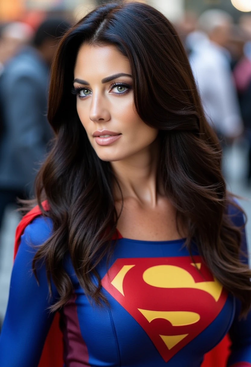 This is a photograph of F3R0LL4, a woman with long dark brown hair and mesmerizing eyes. She is cosplaying as supergirl.