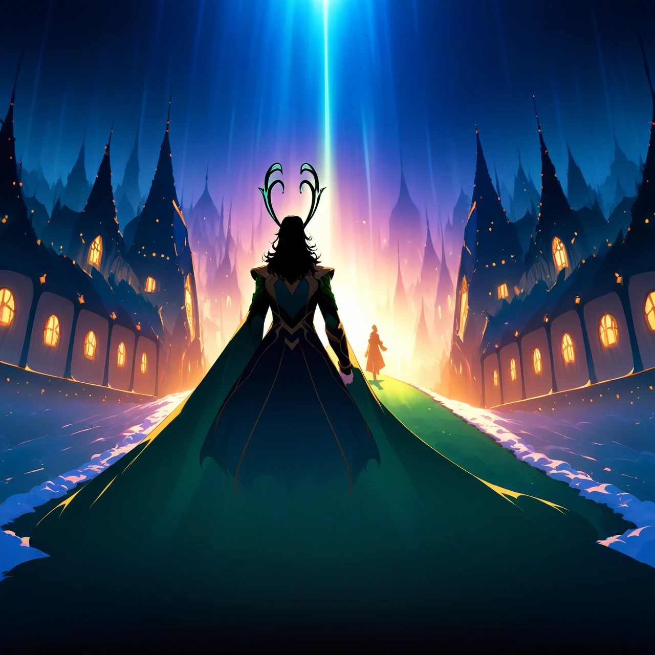 ethereal fantasy concept art of  (Loki:1.5), quality: best quality, newest, rating: general, character focus. Middle aged. 1boy. Depth of field, Anime, (solid, clean lines), soft cell shading, highres, 8k, intricate detail, hard light, amazing quality, amazing shading, (anime style), wallpaper, clear eyes, (well lit face). Loki with long, flowing dark hair, styled with a natural wave, and captivating green eyes. (Loki is dressed as Santa Claus:1.5) holding a festively decorated Christmas gift with a nervous smile. He is standing in a house in front of a Christmas tree. <lora:DetailedEyes_V3:1>,  <lora:Perfect Hands:1>,  <lora:PerfectEyesXL:1>,  <lora:add-detail-xl:1>, <lora:EnvyZoomSliderXL01:-1.0>,  <lora:Loki_with_Anime-000007:1> . magnificent, celestial, ethereal, painterly, epic, majestic, magical, fantasy art, cover art, dreamy