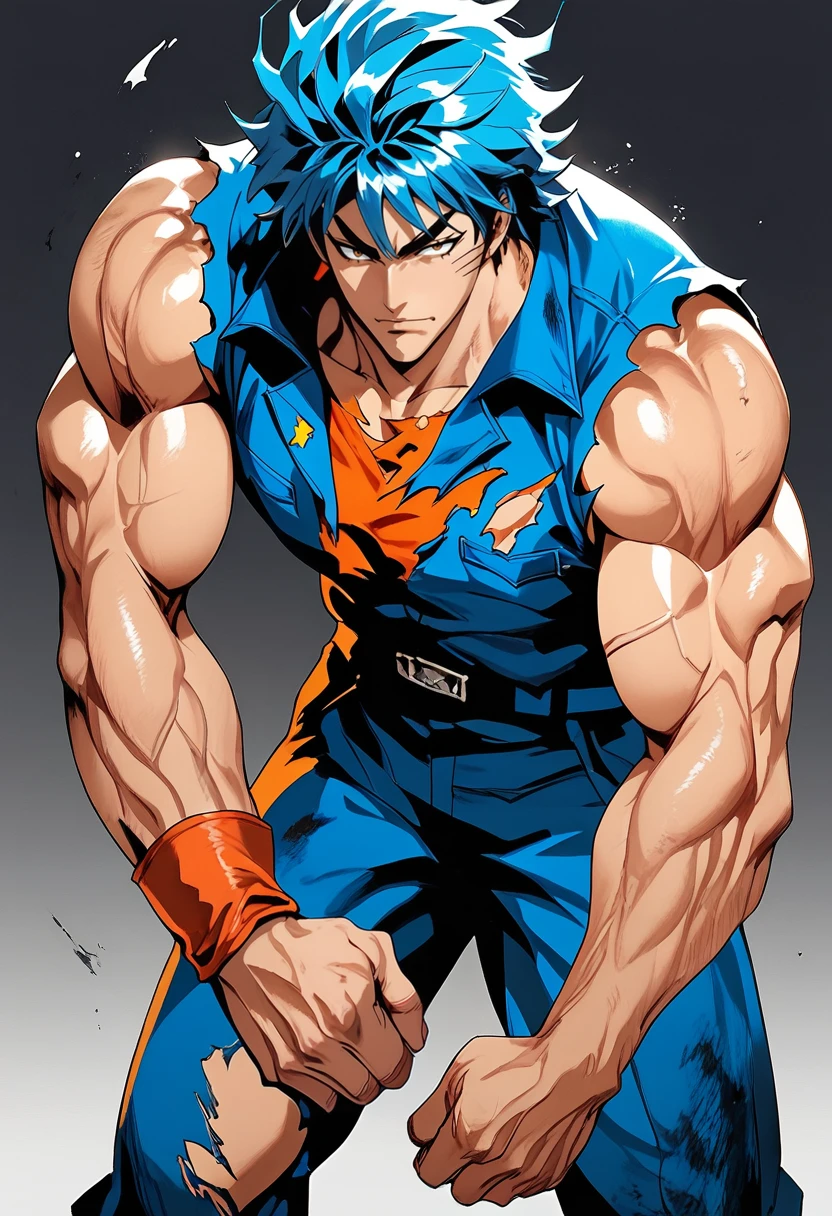 (masterpiece), (best quality), score_9, score_8_up, score_7_up, (masterpiece:1.2), (best quality:1.3), 1boy, simple background, <lora:Toriko:0.75> trko, muscular, blue hair, boots, torn clothes, leaning forward, masterful composition, dynamic movement