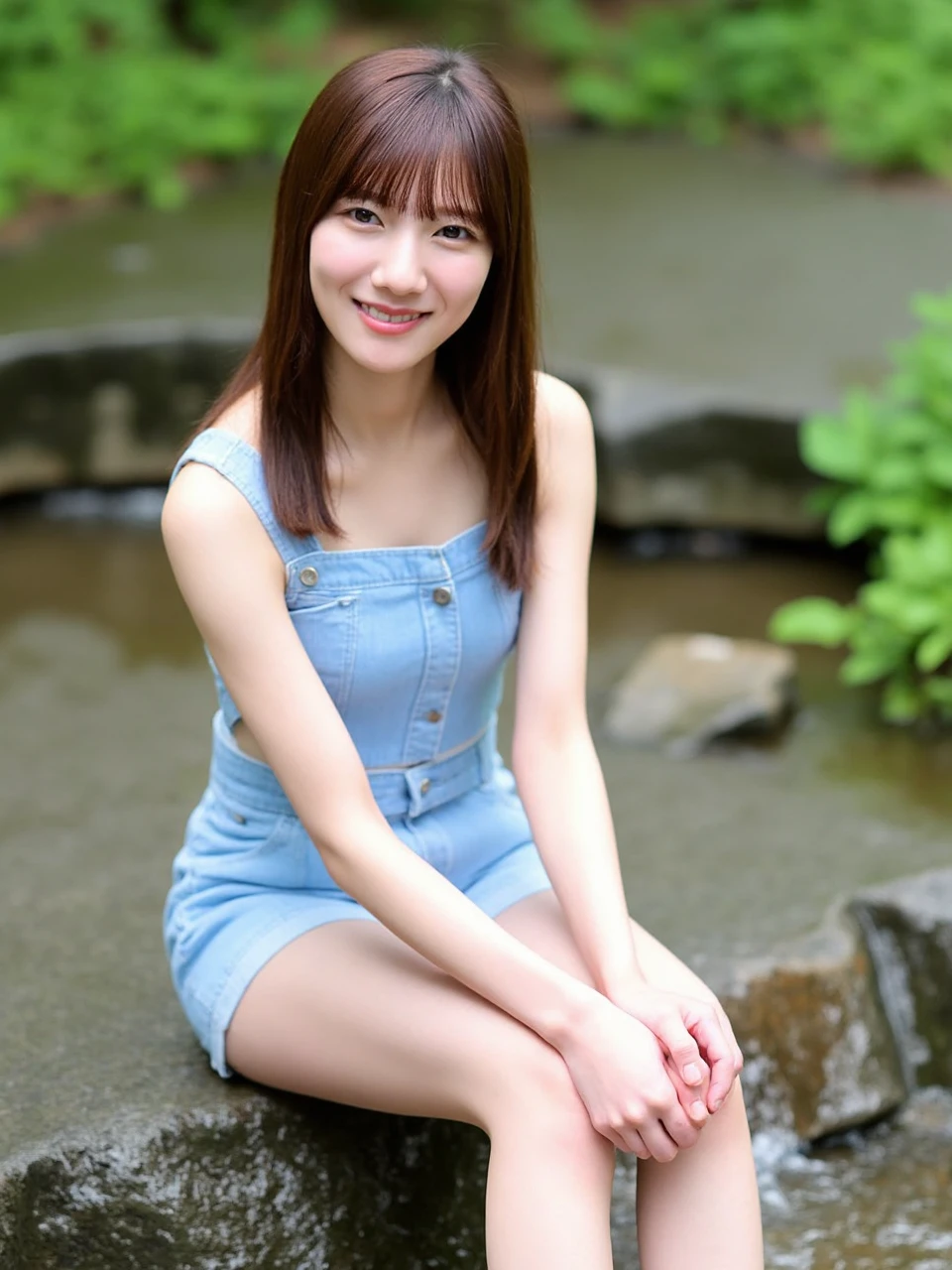 a young woman named kawata sitting on a rock in a stream, She has long brown hair hair with bangs, Snow-white skin. She's barefoot, legs, Sole of foot, She was wearing a light blue Sleeveless shirt, denim shorts. She faced the camera with a playful expression. The overall color of the image is bright and soft. 