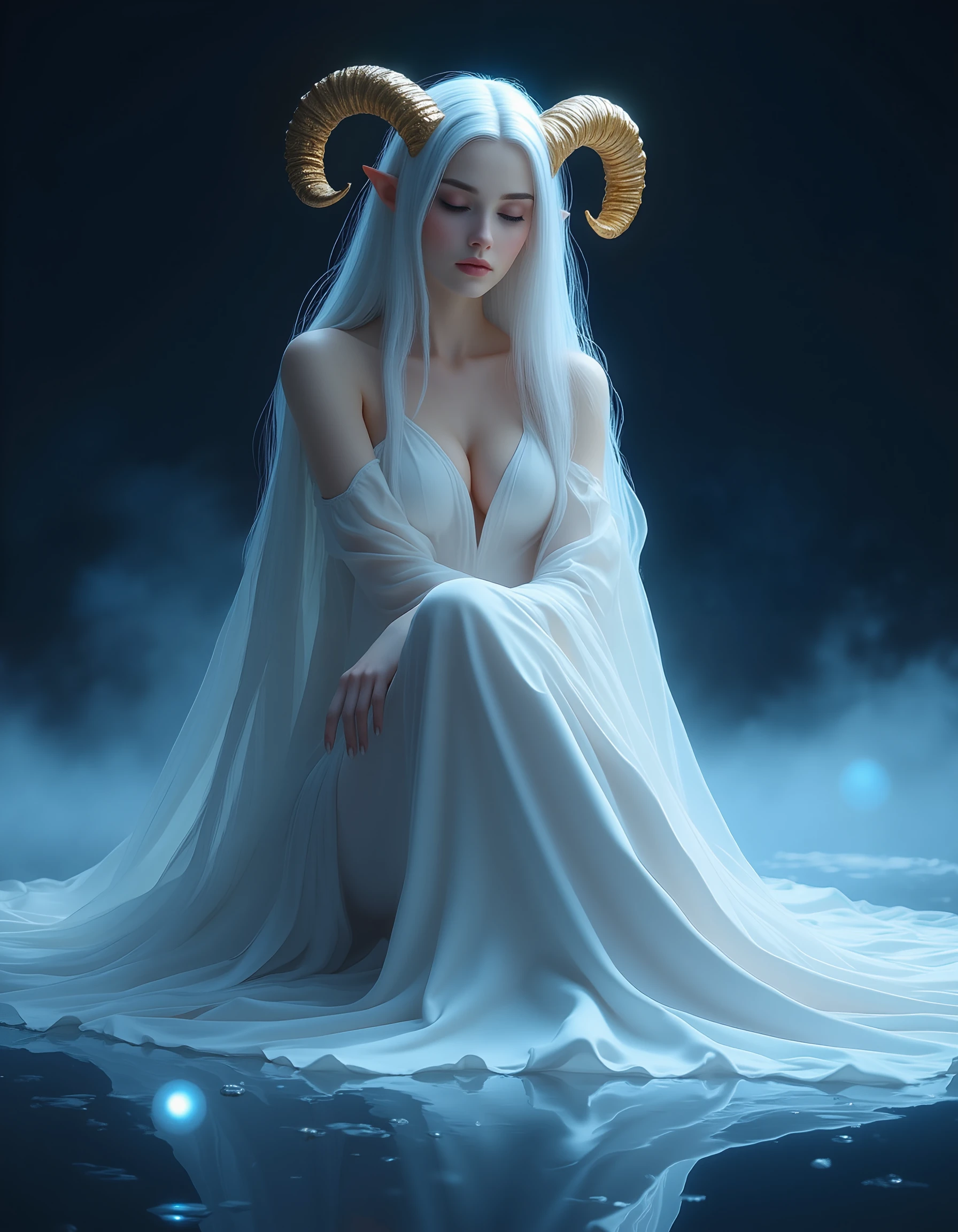 EE_DA, high quality, CGI,

A serene, ethereal woman with flowing white hair cascading over her shoulders, sitting gracefully in a tranquil, mystical atmosphere. Her long, elegant golden horns curve outward symmetrically, adding an air of majesty to her appearance. She wears a flowing, semi-transparent white gown that softly drapes around her, emphasizing her delicate and otherworldly beauty. Her pointed ears peek through her hair, and her expression is calm and introspective, with her eyes gently closed.

The lighting is soft and diffused, casting a gentle blue glow around her, blending with the surrounding misty, dreamlike environment. The background is minimalistic and dark, enhancing the radiant, angelic aura of her figure and the shimmering texture of her horns and gown.