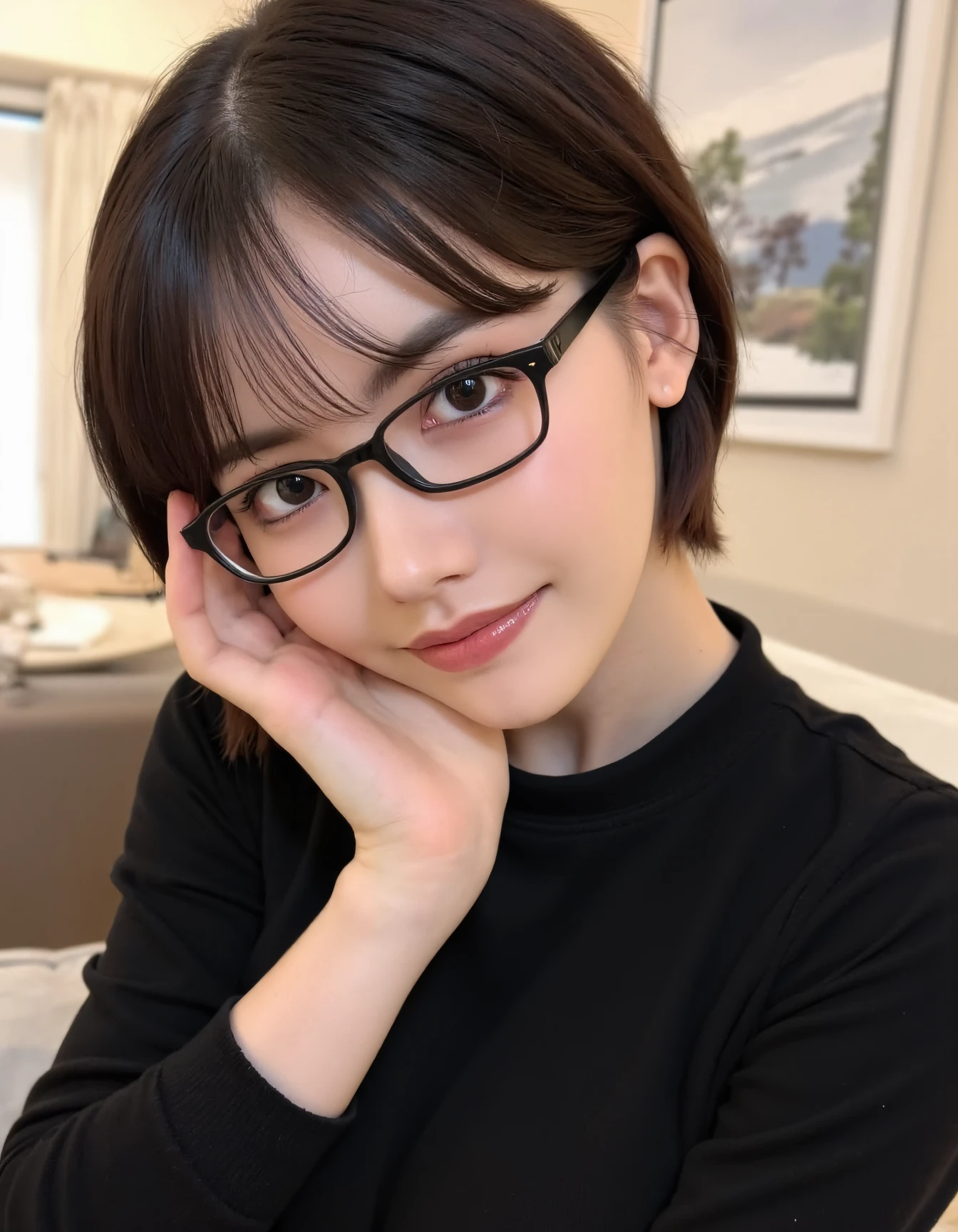 with a short bob haircut and bangs, wearing black-rimmed glasses. She has a soft, natural makeup look, emphasizing her clear complexion and glossy lips. She is dressed in a black long-sleeve top and is resting her chin gently on her hand, giving a relaxed and thoughtful expression. The background shows a cozy indoor setting with soft natural light coming through a window.
. <lora:eimiFukadaFlux:1>