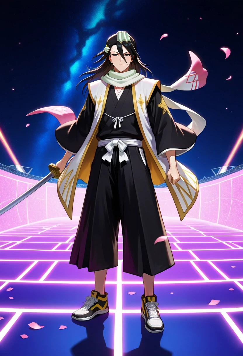 masterpiece, best quality, intricate details, , , , 1boy, solo, male focus, <lora:byakuya_kuchiki_ilxl:1>, byakuya_kuchiki, black hair, black eyes, long hair, scarf, japanese clothes, haori, petals, hair ornament, , sword, star palace, space halls, stellar gardens, observation decks, royal pose, dignified expression, space lighting, RustRed Barkcloth Tribal Bermuda shorts, Barkcloth RoseGold Striped Baseball shirt, High-top sneakers, , Haversack