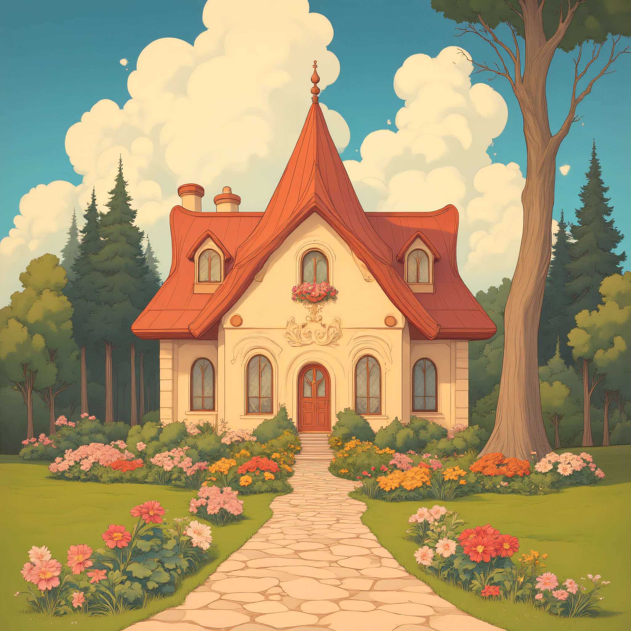 ArsMJStyle,Disney Nouveau, The image shows a house with a red roof and a walkway in front of it surrounded by lush green grass vibrant flowers tall trees and fluffy white clouds in the sky., no humans, flower, tree, outdoors, scenery, sky, cloud, grass, day, path