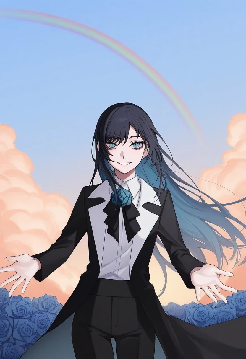 1girl, solo, chando, long hair, flower brooch, blue eyes, mole under eye, blue hair, multicolored hair, blue flower, blue rose, white shirt, collared shirt, black coat, black bowtie, black pants,
smiling, reaching for the sky, wide eyes, excited expression, rainbow, open field, blue sky, fluffy clouds, sparkles, golden hour light
, <lora:Character_Ado - Chando:0.8>