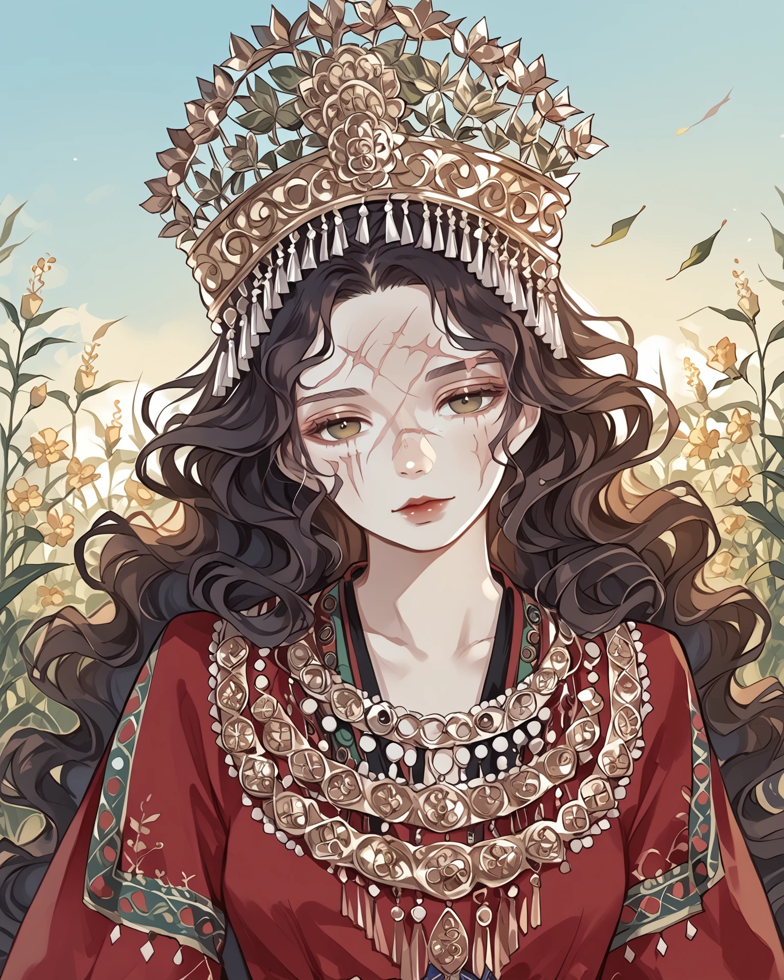 1girl, wearing miaofashion, miaofashion headdress, waist-up, ornate clothing, wavy hair, daffodils, head tilt, scar on face, extremely detailed, digital art, masterpiece, absurdres, highest quality, score_9, score_8_up, score_7_up, outdoors, <lora:MiaoFashion_XL-000014:1>,   <lora:DKXLP:1> DK