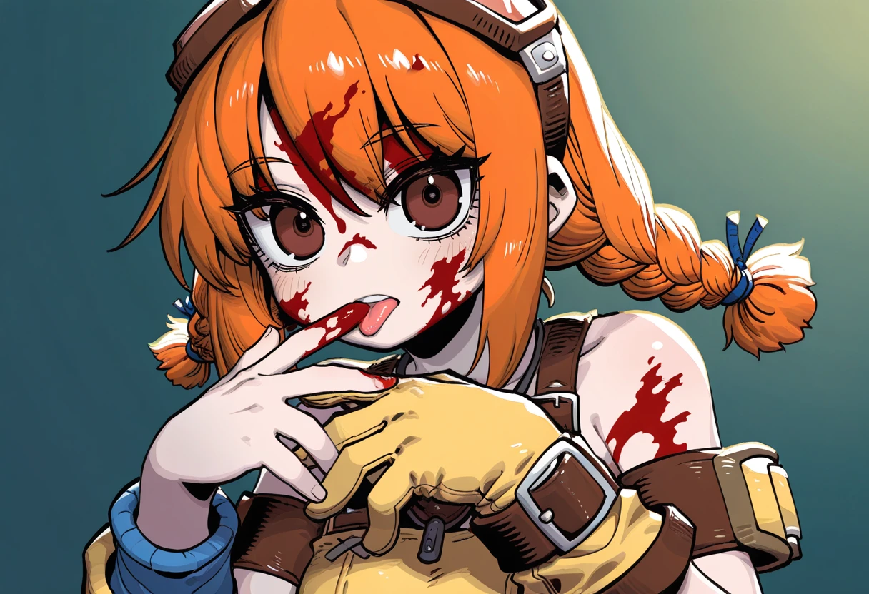 naga u, ssambatea, infukun, 1girl, solo, aika, aika \(eternal arcadia\), orange hair, brown eyes, low twintails, twin braids, goggles, single glove,  blood on face, blood on hands, blood on hair, licking fingers,
absurdres, highly-detailed, best quality, masterpiece, very aesthetic, <lora:Aika_Eternal_Arcadia-000077:0.6>