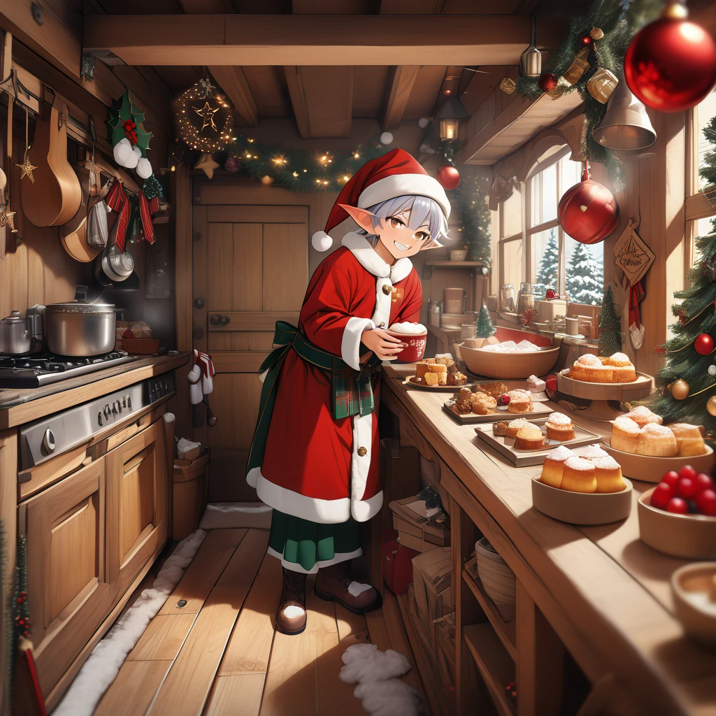 score_6_up,score_5_up,score_4_up,
<lora:Wolvies_Christmas_Elf_v241212.1436:1> xmas_elf, male elf, old, (eyes open:1.1), Christmas, holiday, complex background, standing in a kitchen, holding a muffin, drinking hot cocoa, taking a break, in Santa's workshop, North Pole, concentration, grin, anime, highly detailed, in focus, excellent quality, high resolution, Christmas background, Christmas decorations, cozy, masterpiece, best quality, very aesthetic, (accurate eyes:1.2), (detailed and precise face:1.2), life-like, depth of field, detailed textures, bright colors, natural light, ultra HD, fine details, soft background blur,