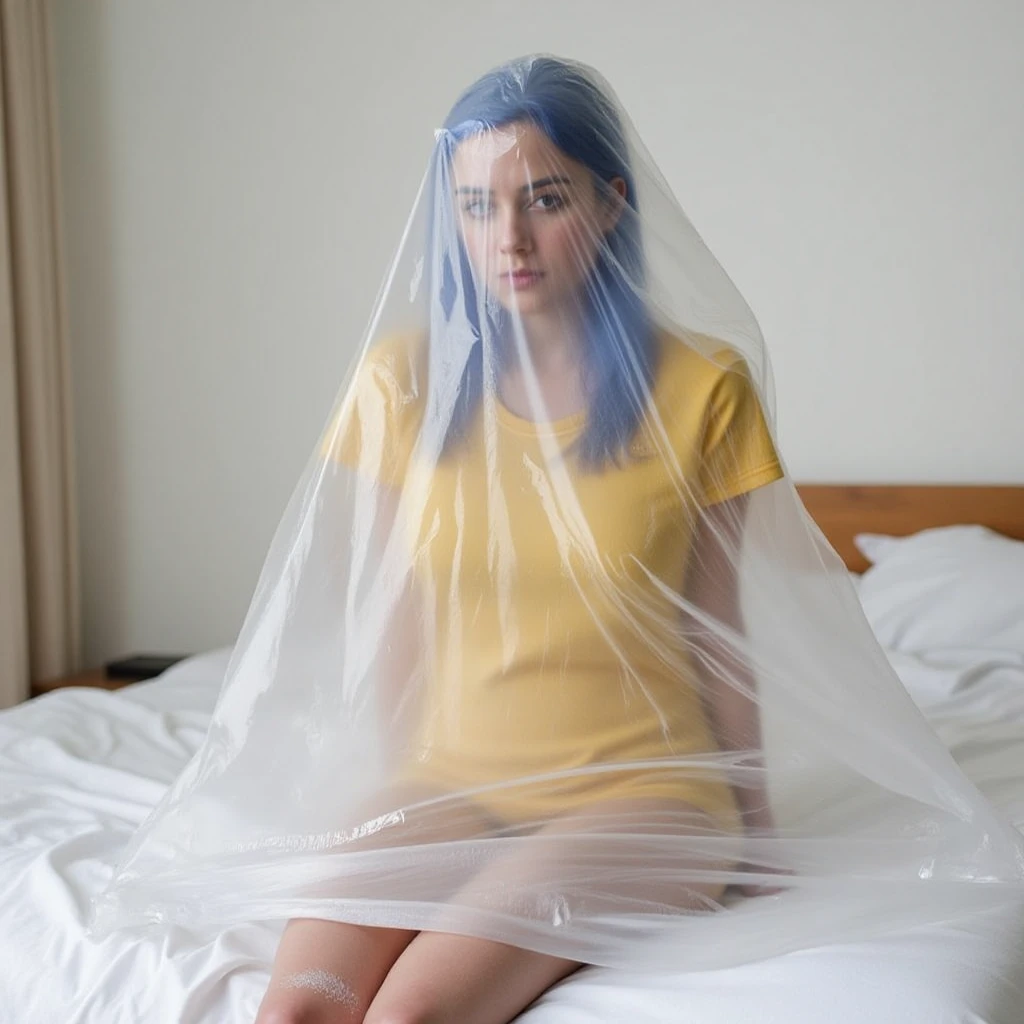 a female with blue hair wearing yellow shirt covered by a transparent plastic bag sitting with streight legs on white bed in beage room