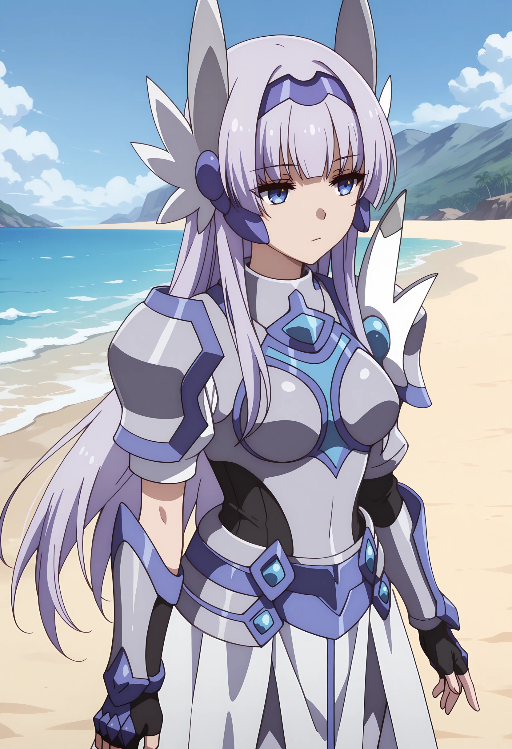 best quality, masterpiece \(quality\),
melfina \(kuro no shoukanshi\), light purple hair, blue eyes,  purple hairband, headgear,
armored dress, asymmetrical armor, fingerless gloves, 
expressionless,
1girl, solo,
standing, cowboy shot,
beach, blue sky,
<lora:faux-melfina-mixed-illu-locon-rank16a8-came:1.0>