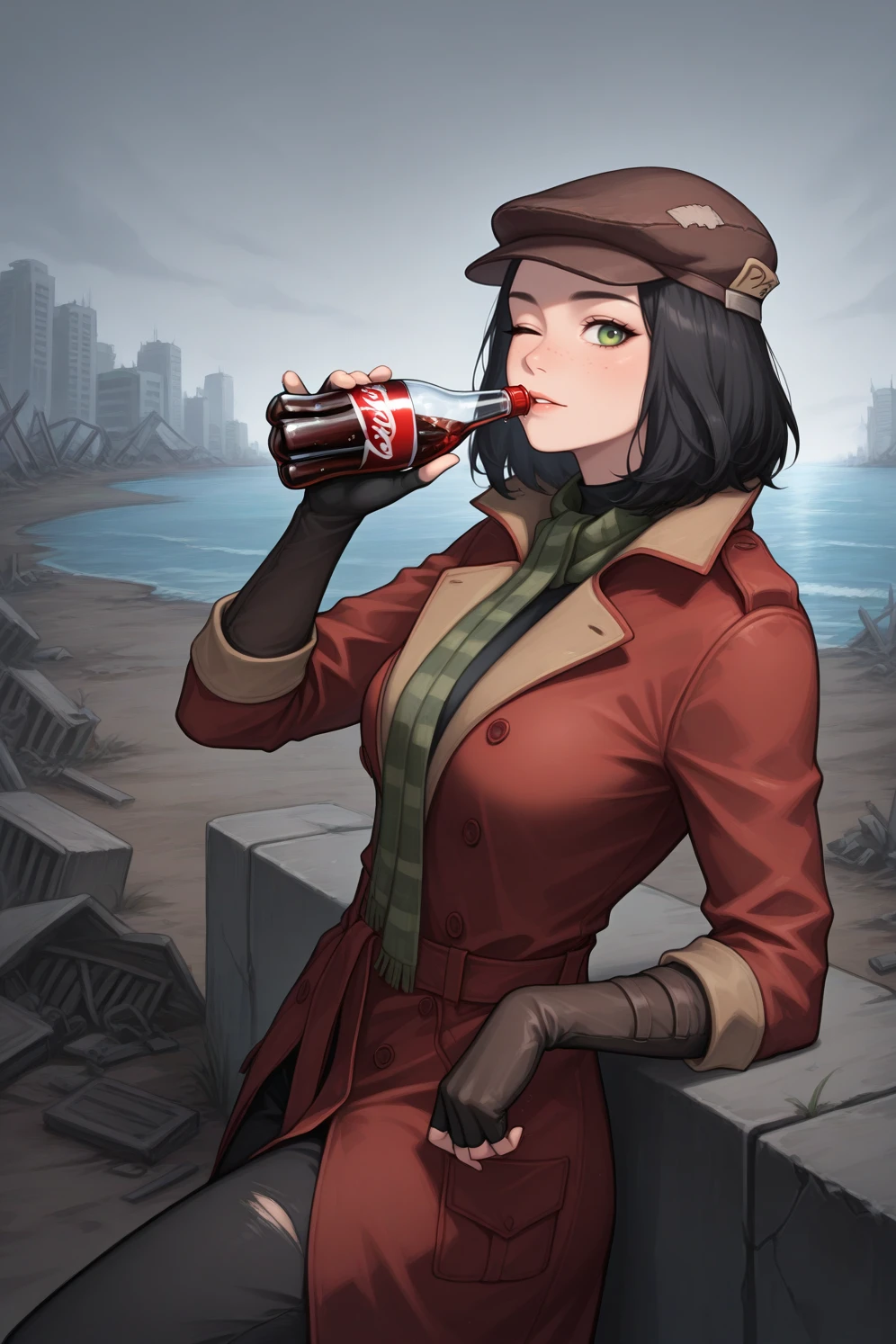 masterpiece, best quality, looking at viewer, one eye closed, parted lips, 1girl, p1p3r, freckles, black hair, forehead green eyes, medium hair, medium breasts, two-tone coat, brown cabbie hat, red coat, brown coat, torn coat, green scarf, undershirt, black pants, elbow gloves, brown gloves, leather gloves, fingerless gloves, holding bottle, drinking, soda bottle, glass bottle, elbow rest, outdoors, wasteland, post-apocalypse, abandoned, urban, overcast, ocean, <lora:Hoseki_Fallout_PiperWright_IllustriousXL_v1:1>