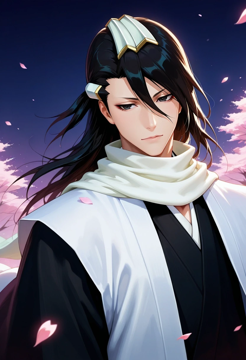 masterpiece, best quality, intricate details, semi-realistic, , , 1boy, solo, male focus, <lora:byakuya_kuchiki_ilxl:0.9>, byakuya_kuchiki, black hair, black eyes, long hair, scarf, japanese clothes, haori, petals, hair ornament, hair between eyes, , ,