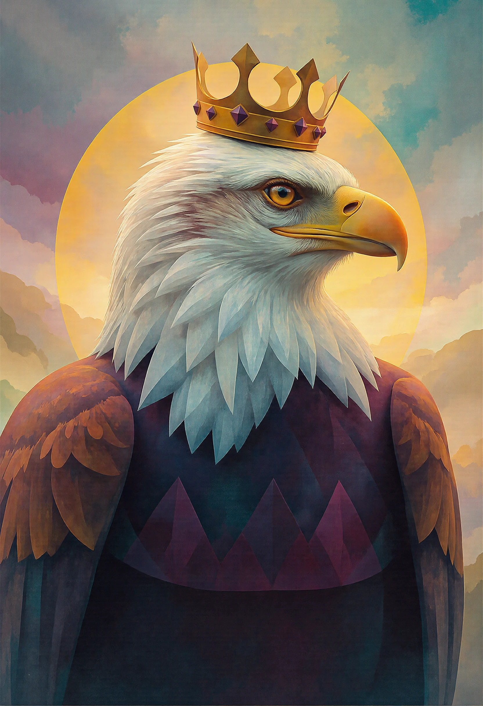 A digital artwork in the style of CLRFL, featuring an eagle with a crown on his head. 