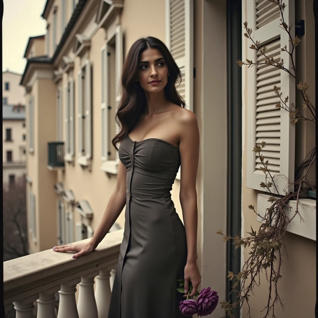 sonamkapoorukohwx stands on a balcony.  She has a smile on her face.  She is adorned in a dark gray, form-fitting, strapless midi-length gown with a center slit; a single purple rose is held in her right hand. Her expression is contemplative, almost wistful, gazing off to the side, body language suggesting quiet contemplation. The lighting is diffused, creating soft, muted shadows, and imparts a melancholic mood.  Classic European-style architecture surrounds her, with aged off-white-beige buildings featuring white wooden shutters.  The balcony is made of off-white stone pillars and a railing, entwined with vines.  The background maintains a muted color palette  of grays. The overall atmosphere is reminiscent of a noir-inspired photograph.  The sepia-toned monochrome aesthetic enhances the image’s vintage feel.  The detailed architecture and subject’s pose contribute to a strong artistic composition, with a slight side view perspective, drawing attention to the figure, her elegant dress, and the surrounding environment.  Art Nouveau and cinematic style elements are present.