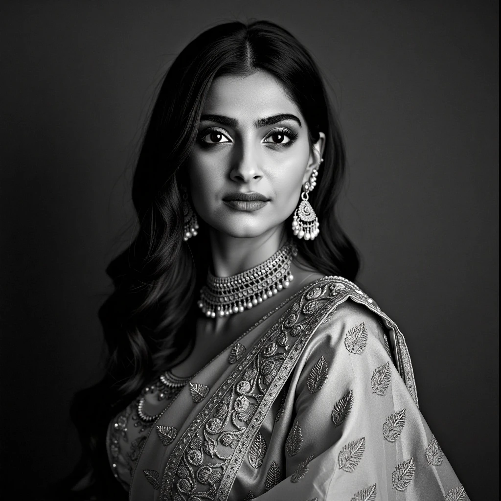 A captivating black and white portrait photograph of sonamkapoorukohwx with dark hair, in a vibrant traditional Indian attire.  Light-medium tan complexion.  sruthihassanukohwx is  adorned in a lehenga skirt, featuring intricate embroidery of fern-like patterns. The skirt has multiple tiered layers, creating a full, swirling effect.