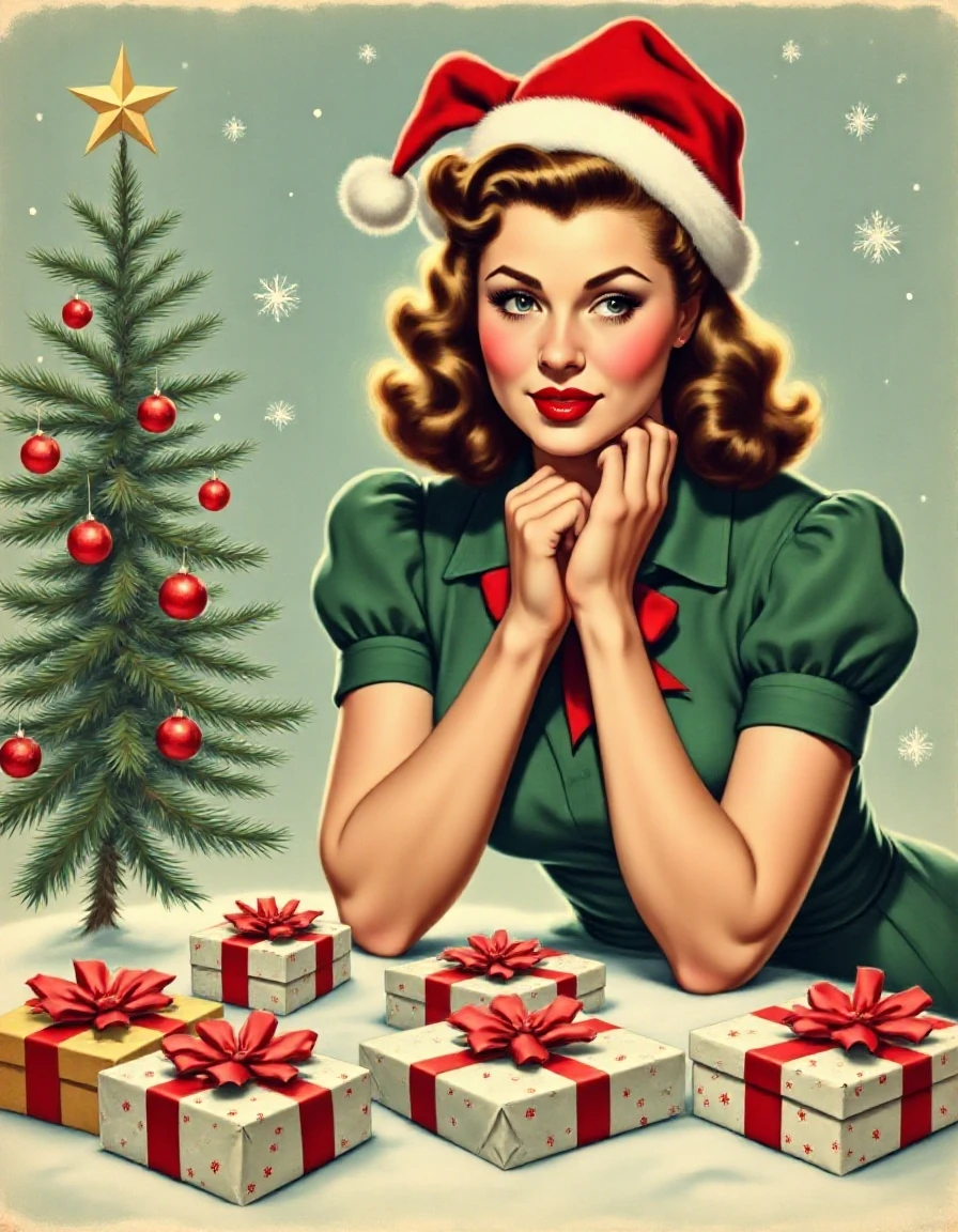 Vintage-Xmas, The image is a vintage Christmas portrait of a young woman. She is wearing a green dress with a red ribbon tied around her neck. Her hair is styled in loose curls and she is wearing red lipstick. She has a white Santa hat with a large red bow on top. Her hands are resting on her chin, as if she is deep in thought. In front of her, there are several wrapped presents with red and white ribbons. The background is a light blue with white snowflakes falling. On the left side of the image, there is a small Christmas tree with red ornaments and a gold star. The overall mood of the painting is festive and cheerful. <lora:Vintage-Xmas:0.75>