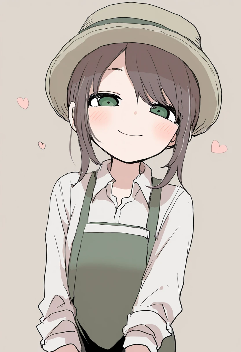 (masterpiece, high quality, amazing detail), highres, very awa, very aesthetic, absurdres, year 2024, yamamoto souichirou, rei \(tonbo0430\),
1girl, emma_woods, look at viewer, green eyes, blush, smile, simple background, brown hair, shirt, hat, closed mouth, white shirt, upper body, heart, sidelocks, collared shirt, apron, <lora:emma_wood:1>