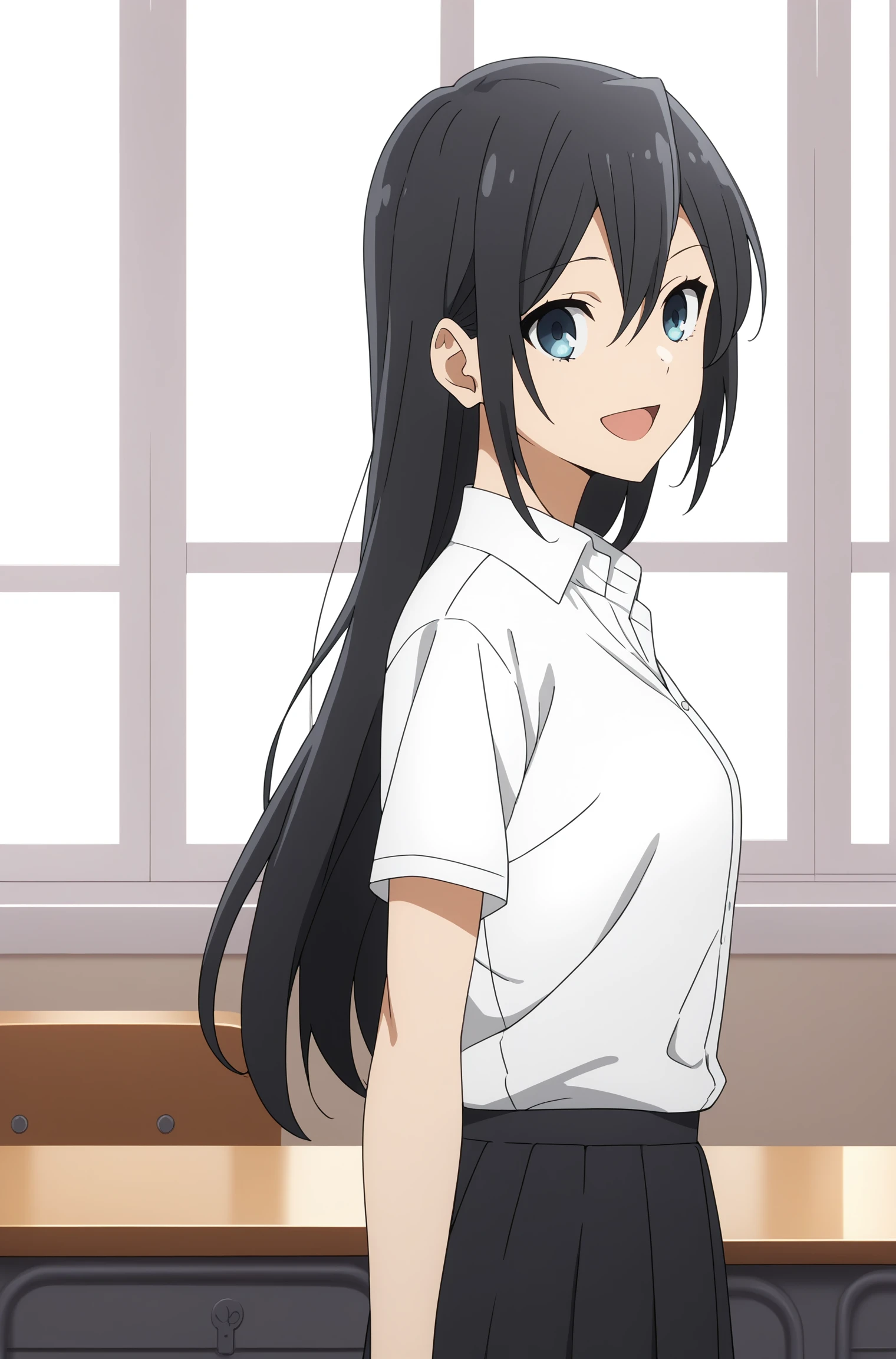 score_9, score_8_up, score_7_up, score_6_up, score_5_up, source_anime, rating_safe, medium breasts, indoors, classroom, 1girl, solo, looking at viewer, (cowboy shot:1.5), sawada honoka, long hair, black hair, hair between eyes, blue eyes, mole under eye, school uniform, short sleeves, white shirt, collared shirt, black skirt, pleated skirt, black kneehighs, grey footwear, converse, high tops, <lora:Honoka_Sawada:0.8>, smile, (from side:1.5), open mouth