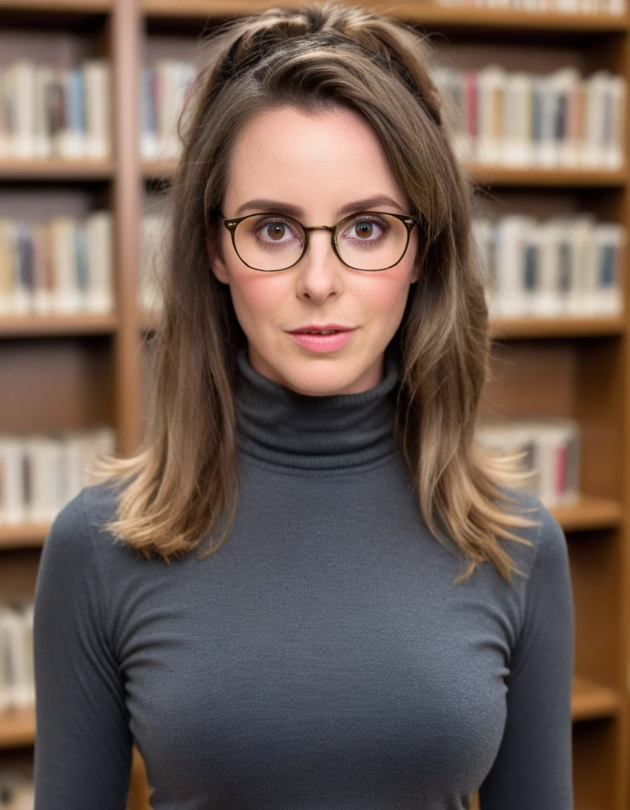 a professional absurdres raw intricately detailed sharp focus close full torso photograph of beautiful Delaney_Tabron, 
wearing a heavy metal concert turtleneck long-sleeved shirt and high-wasted {leggings|jeans|skirt}, with a random hairstyle, 
making eye contact, high-quality extreme close-up photo of a gorgeous librarian, eyeglasses, hair pulled back, silly, conservative cotton blouse, looking at viewer as if to say "Shhhhh" with her lips, background is a large library with bookcases filled with lemurs, blurry background, bokeh,
 <lora:Delaney_Tabron-SDXL:0.8>