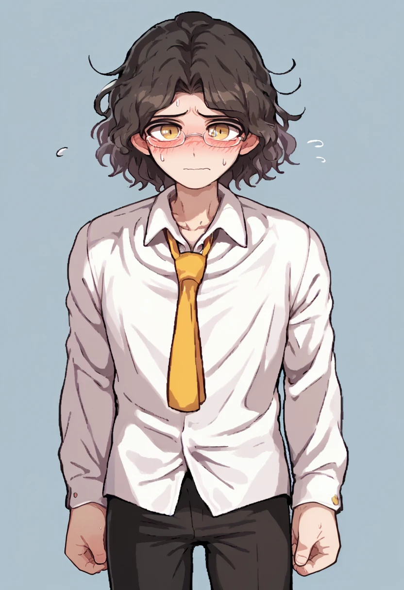 score_9_up, score_8, score_7, 1boy, solo, source_anime, <lora:sptakorinStyleXLPony:1>, by Takorin, <lora:Twinkado-10:0.8>, twinkado, glasses, white collared shirt, yellow necktie, black pants, embarrassed, blushing, sweat mark, closed mouth, looking at viewer, standing, simple background