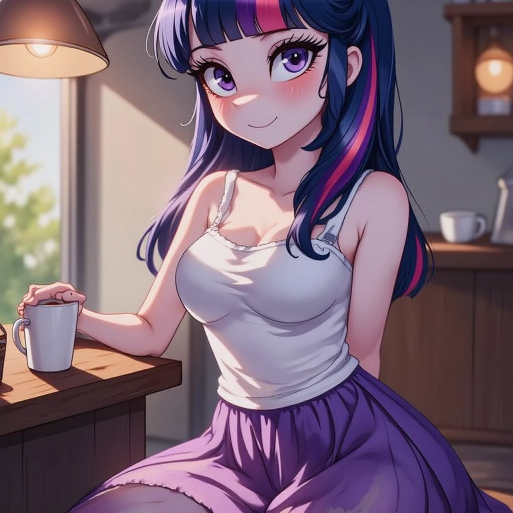 twilight sparkle in dress, human, detailed cutie face, long blue hair, photorealism, hi-res, sexy sitting in cafe with coffe 