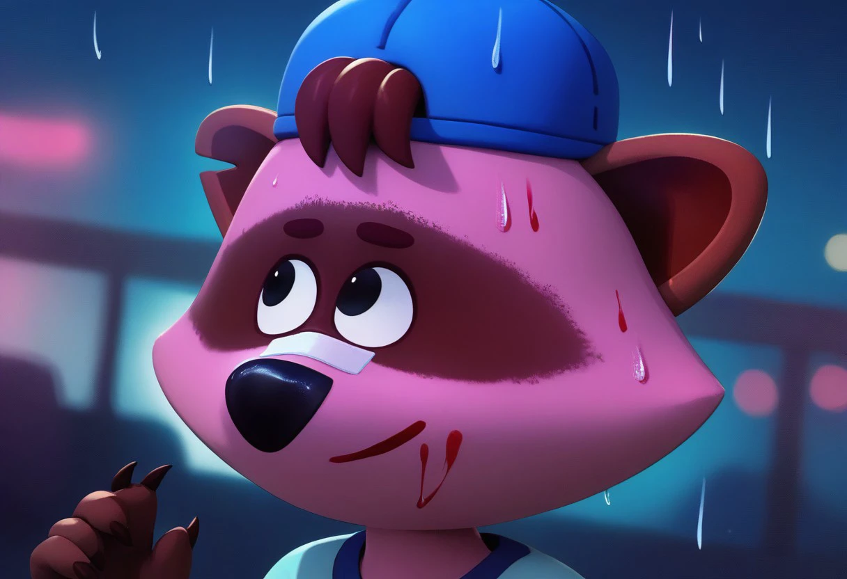 score_9, score_8_up, score_7_up, michirukagemori, <lora:Sanya:1.0>, sanya, solo, brown fur, black eyes, blue backwards cap, raccoon tail, cyan-blue shirt, portrait, bandaid on nose, blurry background, pink lighting, night, dark, pink theme, blood on face, rain, <lora:YouLookLonelyXL_byKonan:1>