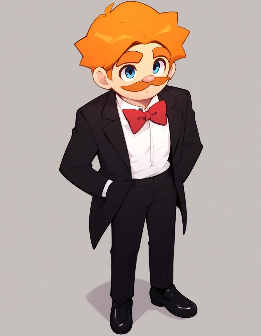 Mr_GoodmanSML, solo, short hair, blue eyes, shirt, 1boy, bow, jacket, white shirt, standing, full body, male focus, collared shirt, bowtie, orange hair, red bow, black suit, thick eyebrows, suit, red bowtie, mustache, black pants, black shoes, screencap