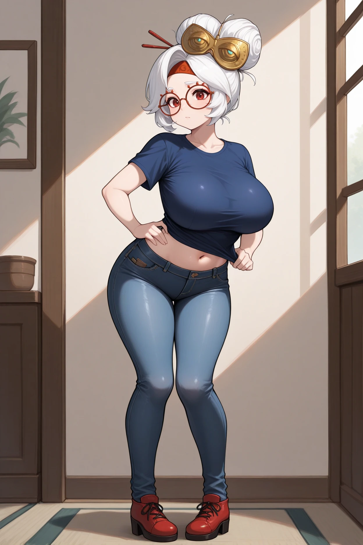 masterpiece, best quality, 1girl, solo,  <lora:purah-illu-nvwls-v1-000005:1> pur4h, white hair, red eyes, hair bun, hair ornament, red headband, red glasses, blue t-shirt, jeans, skin tight, navel, big breasts, pigeon-toed