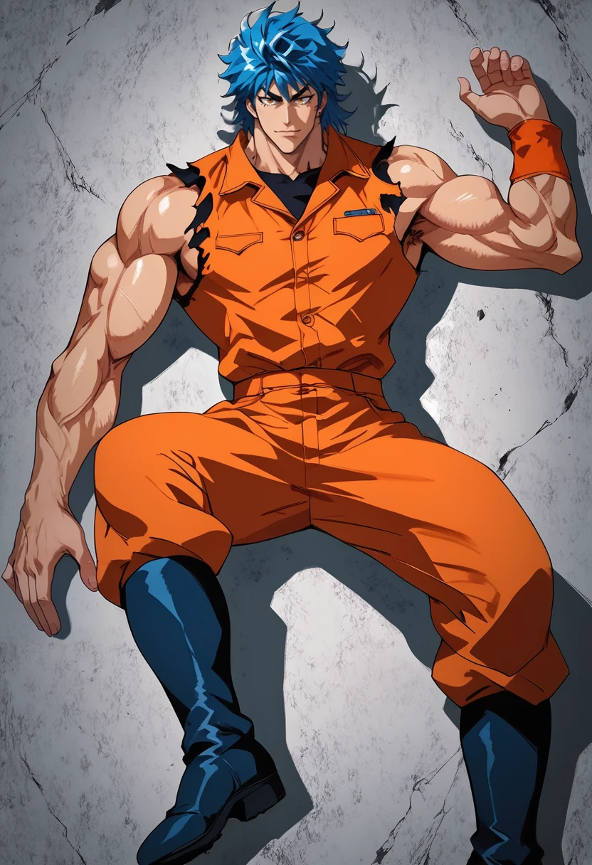 (masterpiece), (best quality), score_9, score_8_up, score_7_up, (masterpiece:1.2), (best quality:1.3), 1boy, simple background, <lora:Toriko:0.75> trko, muscular, blue hair, boots, torn clothes, orange sleeveless, lying on side, masterful composition, dynamic movement