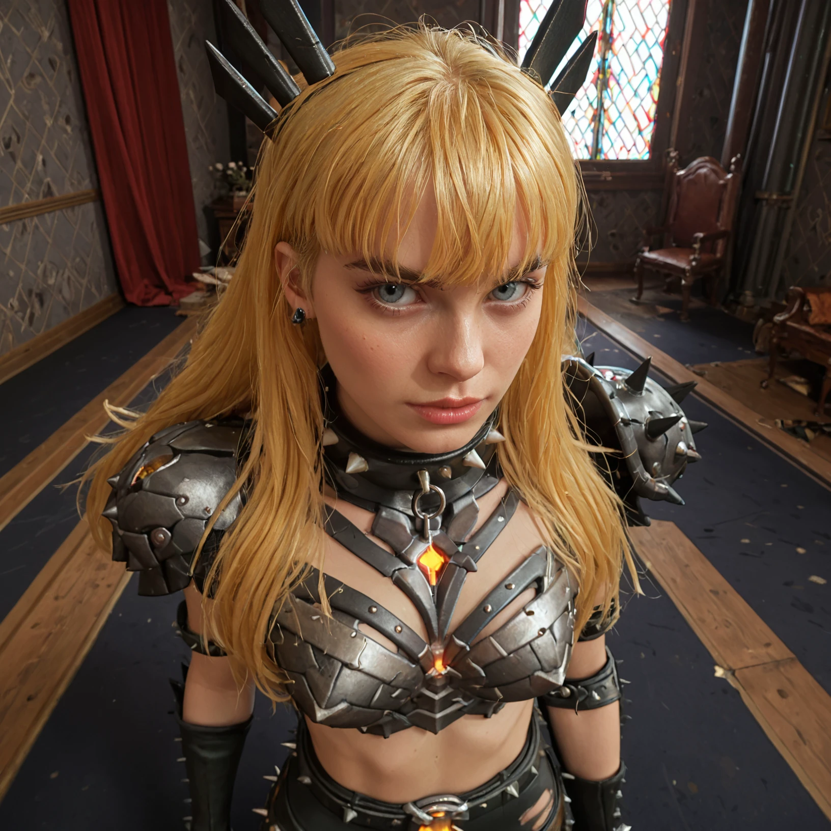 score_8,score_7,score_9,magikrivals,(close-up:1.2),face,pov,1girl,blonde,long hair,bangs,chest armor,spiked collar,spiked headband,torn pantyhose,spiked boots,spiked gloves,beautiful background,detailed background,standing,room