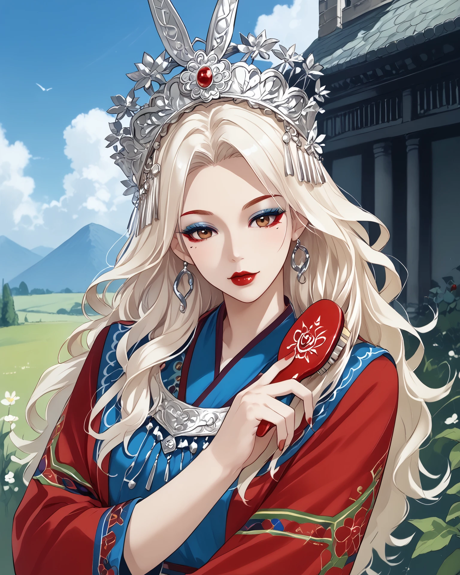 1girl, wearing miaofashion, miaofashion headdress, waist-up, ornate clothing, wavy hair, daffodils, head tilt, red eyeliner, blue eyeshadow, extremely detailed, digital art, masterpiece, absurdres, highest quality, score_9, score_8_up, score_7_up, outdoors,  <lora:MiaoFashion_XL-000014:1>,  <lora:EndEndStart:1.2> kaoro, brushing hair,  <lora:brushinghair_Pony_v1:1>