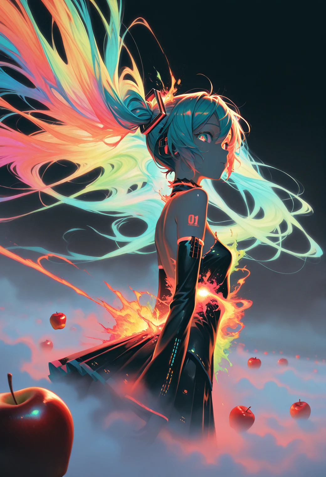 Hatsune Miku,limited palette,black background,colorful,vibrant,glowing outline,neon,blacklight,looking at viewer,apple,fog,from_side,masterpiece,best quality,amazing quality,very aesthetic,absurdres,newest,scenery,impactful picture,offcial art,movie perspective,