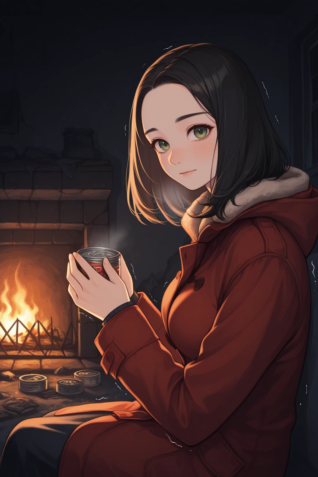 masterpiece, best quality, from side, looking at viewer, cold, trembling, 1girl, p1p3r, freckles, green eyes, forehead, black hair, medium hair, medium breasts, winter clothes, sitting, warming hands, indoors, house, abandoned, fireplace, dark room, canned food, <lora:Hoseki_Fallout_PiperWright_IllustriousXL_v1:1>