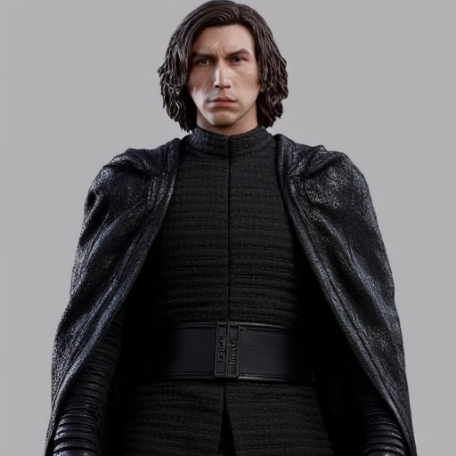 specifically depicting Kylo Ren. He is a male character with medium-length, horizontal panels, high-tech attire reminiscent of the Star Wars franchise, dark hair and a determined, dark cloak and a black tunic with a wide, dark brown hair styled in loose waves. He wears a black, flowing black cloak with a hood, and silver