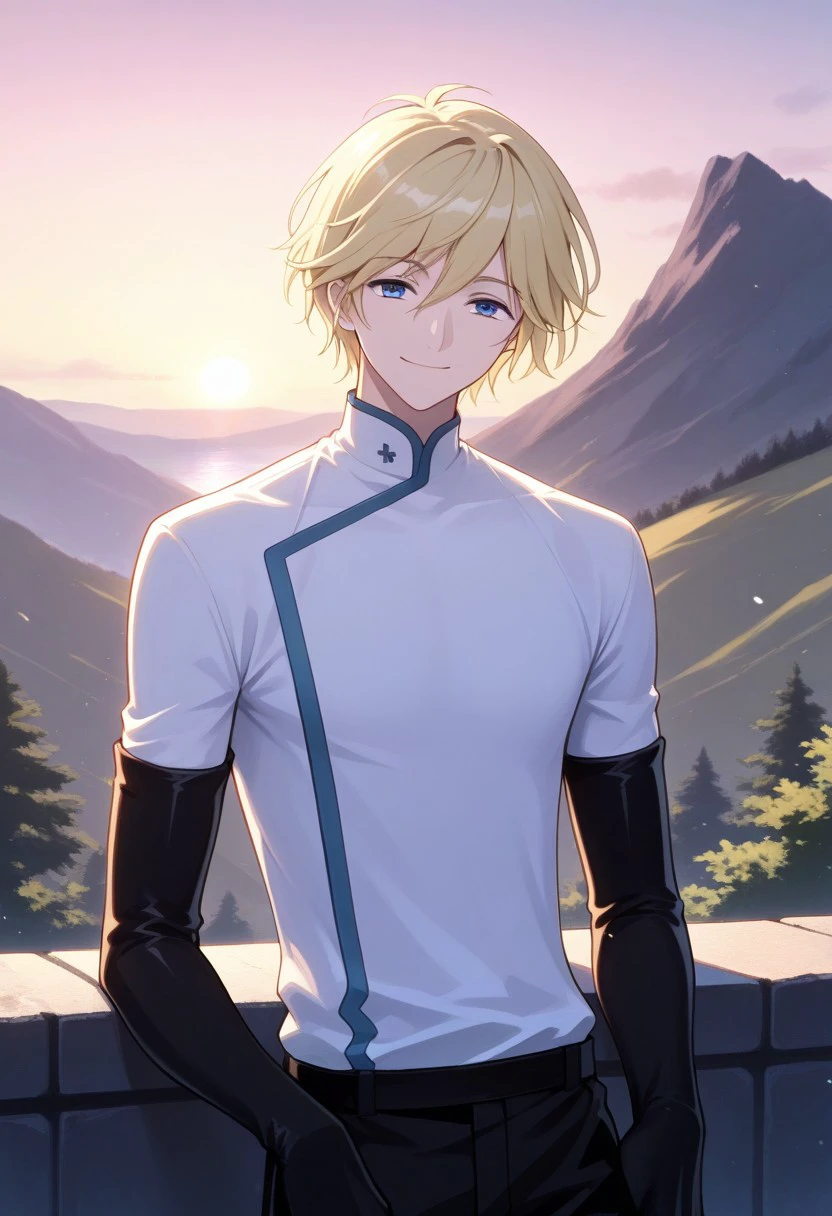 masterpiece, best quality, 
fayd, 1boy, solo, male focus, blue eyes, blonde hair, shirt, white shirt, long sleeves, elbow gloves, smile,
outdoor,