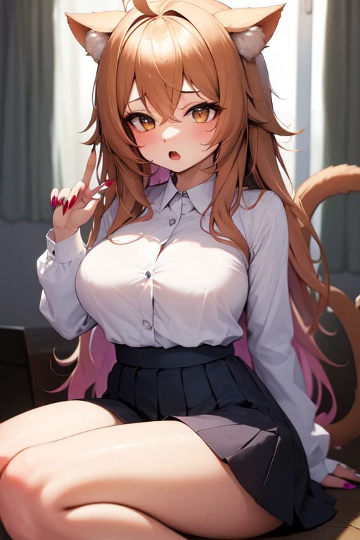 masterpiece, best quality, 32k, high resolution, absurdres, gyaru cat girl, large breasts, shirt, hair between eyes, open clothes, nail polish, skirt, white shirt, ahoge, long sleeves, open mouth