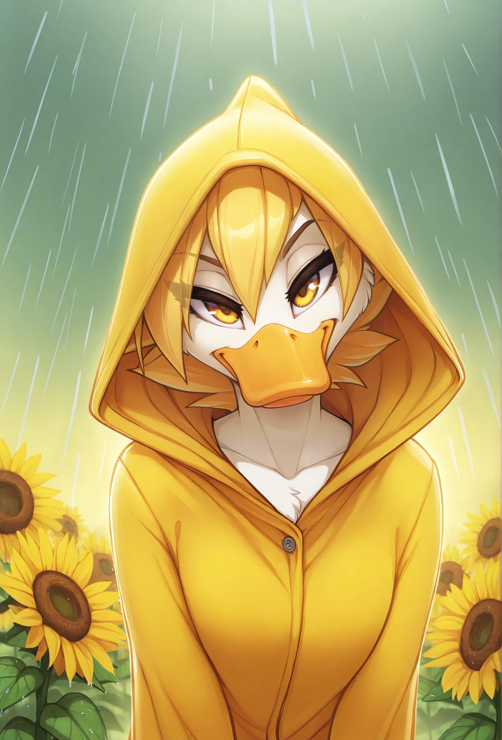 (masterpiece, best quality, very aesthetic, absurdres:1.2),  <lora:fluffkevlar_style_illustrious_v1.7:1>, fkstyle, 1girl, solo, furry, duck,hood up, white fur, yellow hair, yellow theme, (yellow background:0.8), yellow eyes, yellow raincoat, smile, looking at viewer, spiked hair, sunflower field, rain,