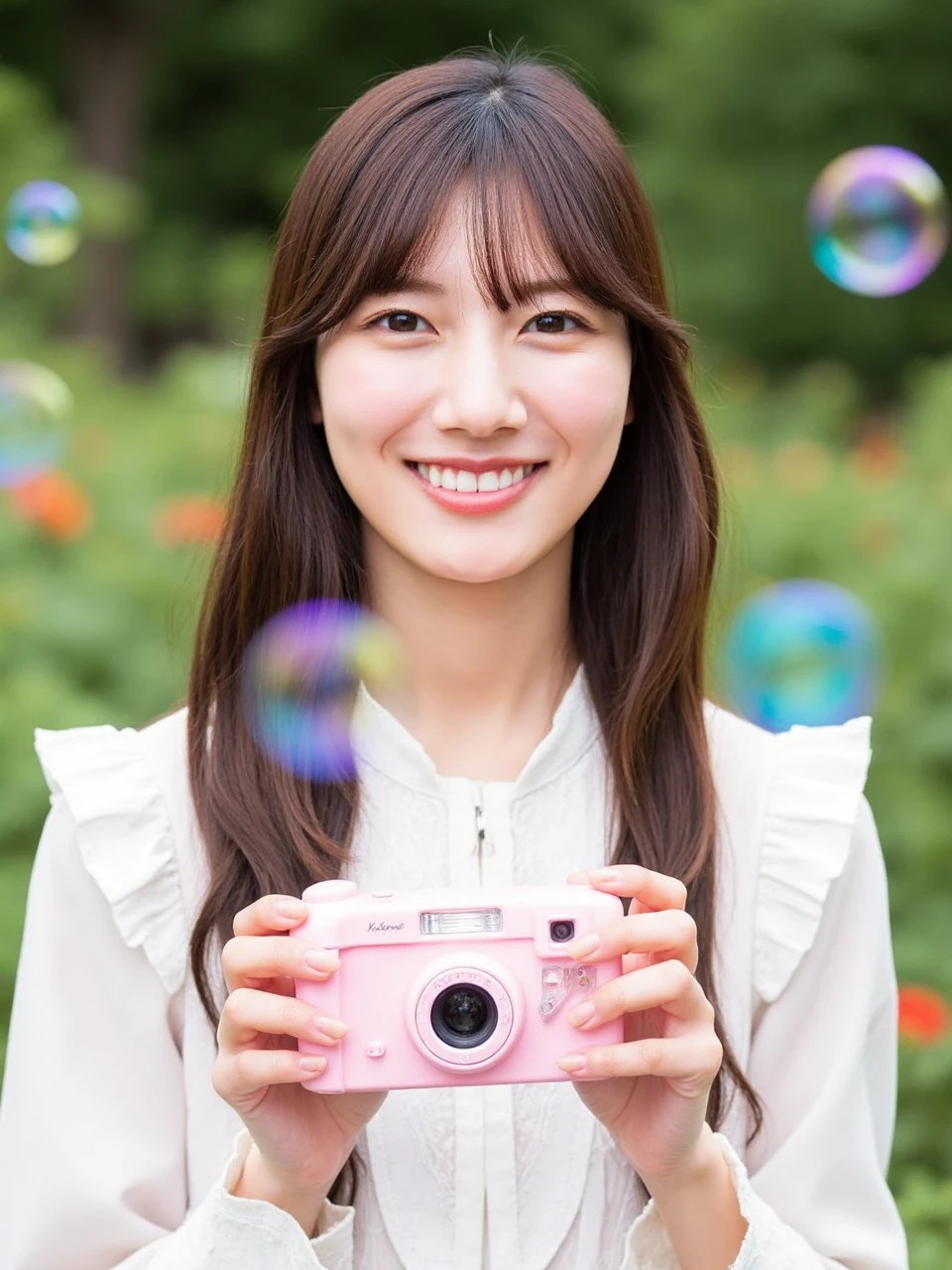 The image is a portrait of a young woman named kawata with long brown hair and bangs, smiling at the camera. She is holding a pink camera in her hands and is surrounded by colorful soap bubbles. The background is blurred, but it appears to be a garden or park with trees and flowers. The woman is wearing a white blouse with ruffles on the shoulders. The overall mood of the image is cheerful and playful.