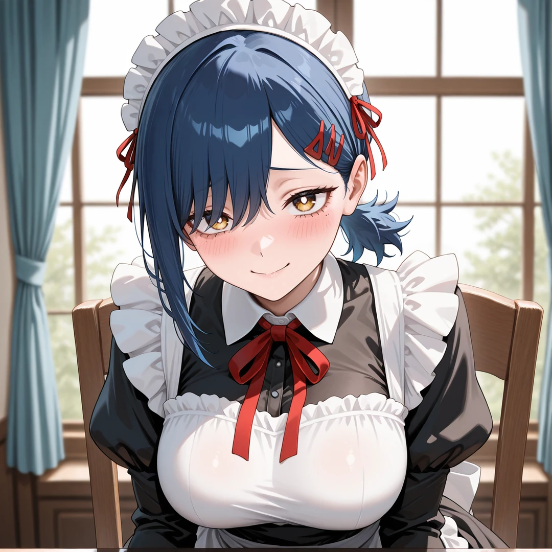 1girl, blue hair, solo, short hair, hair ornament, maid, x hair ornament, maid headdress, smile, looking at viewer, ribbon, breasts, indoors, yellow eyes, curtains, blush, hair ribbon, dress, long sleeves, blurry, apron, window, hair over one eye, blurry background, closed mouth, puffy sleeves, large breasts, black dress, neck ribbon, chair, day,higashiyama kobeni,<lora:ChainsawstyleByOOA-10:1>, masterpiece, best quality, amazing quality, very aesthetic, absurdres, newest, scenery, perfect face,intricate,beautiful scenery,ultra realistic 8k CG,perfect artwork,absurdres, anime 2D, vibrant colors, sharp lines, smooth,edges,