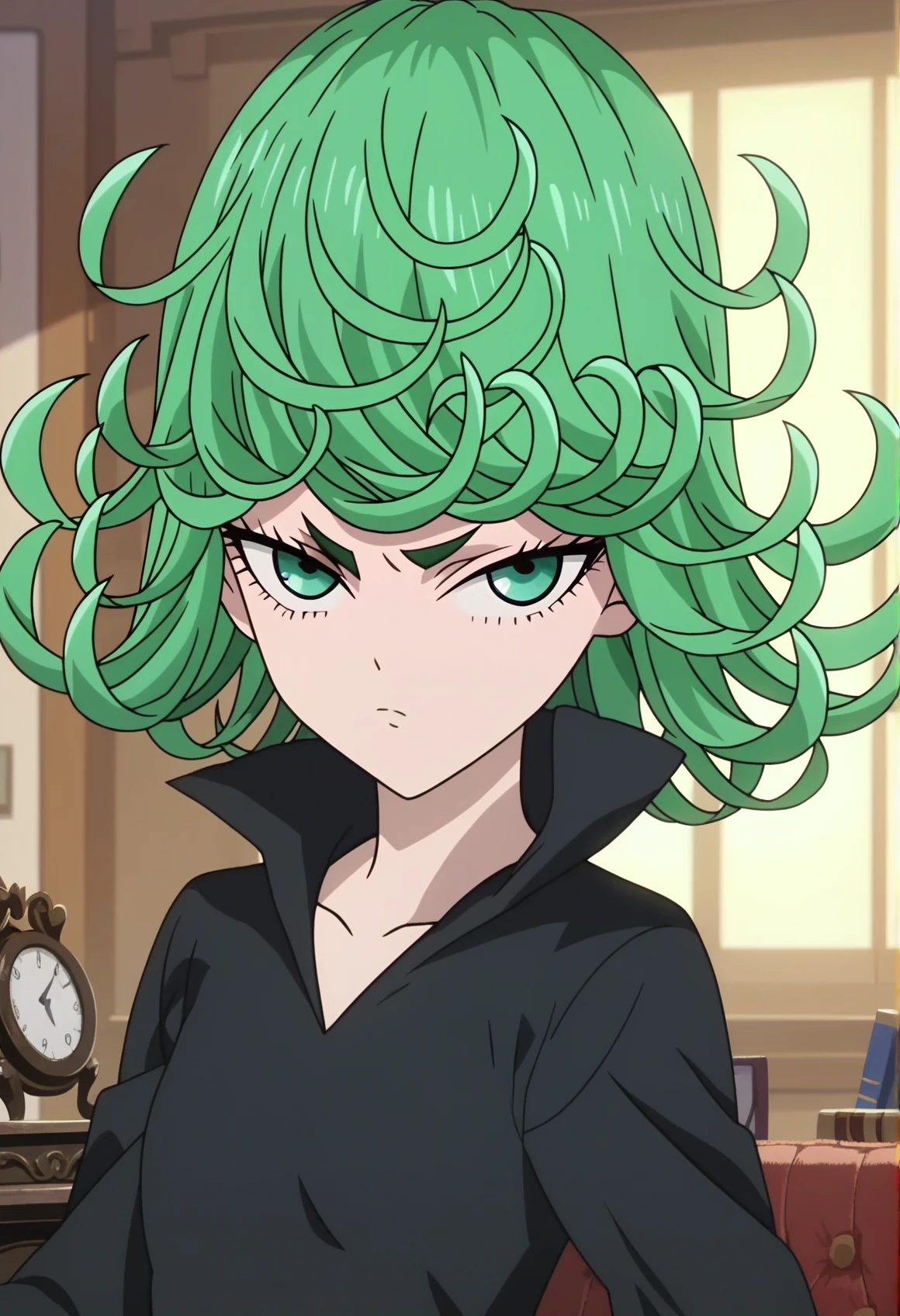 score_9, score_8_up, score_7_up, source_anime, anime screencap, official_style, tatsumaki, 1girl, curly hair, looking at viewer, black dress, upper body, indoors